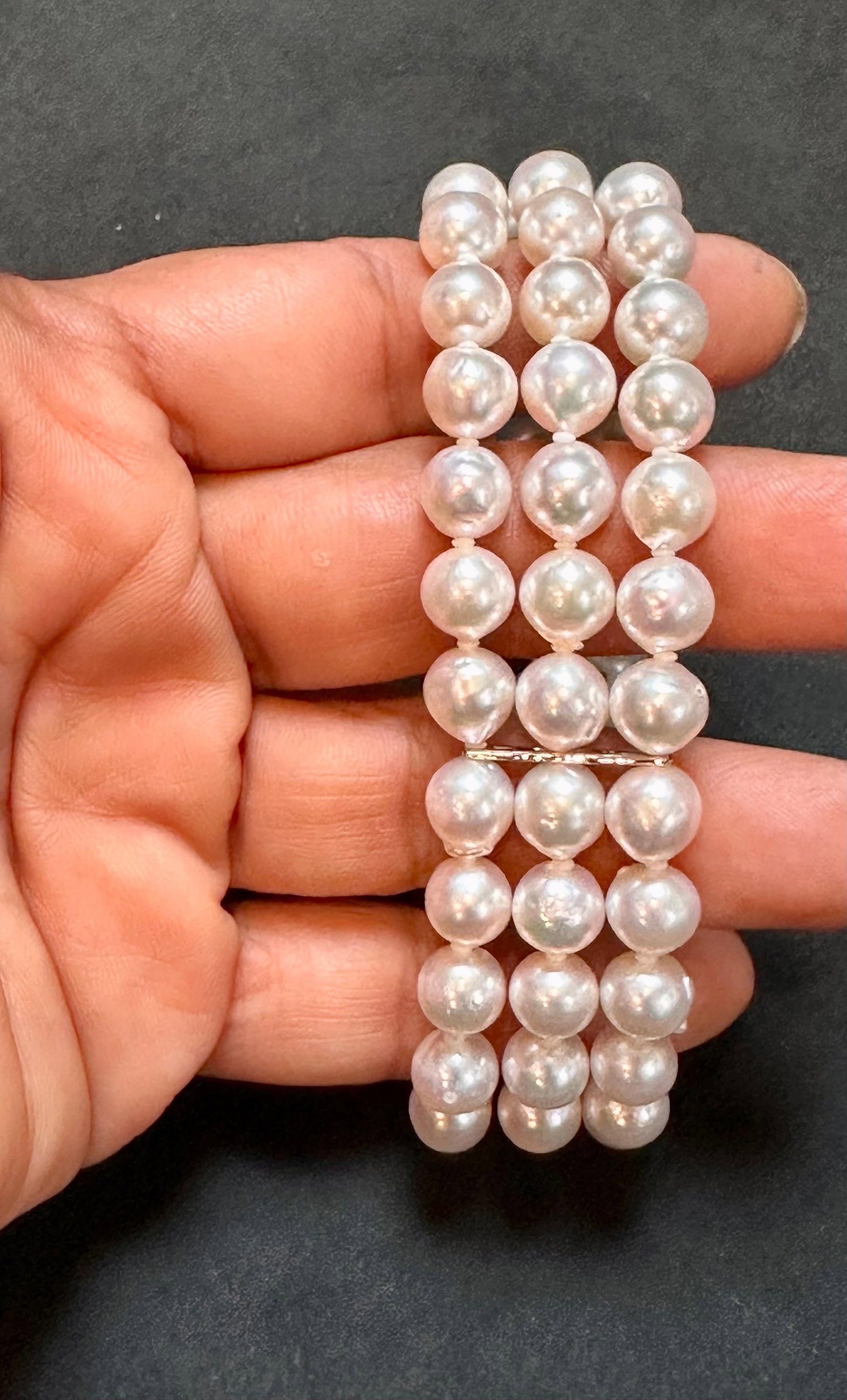 8mm Akoya Japanies Pearl Triple Strand Bracelet, Sterling Silver Clasp, 8 Inch - 4