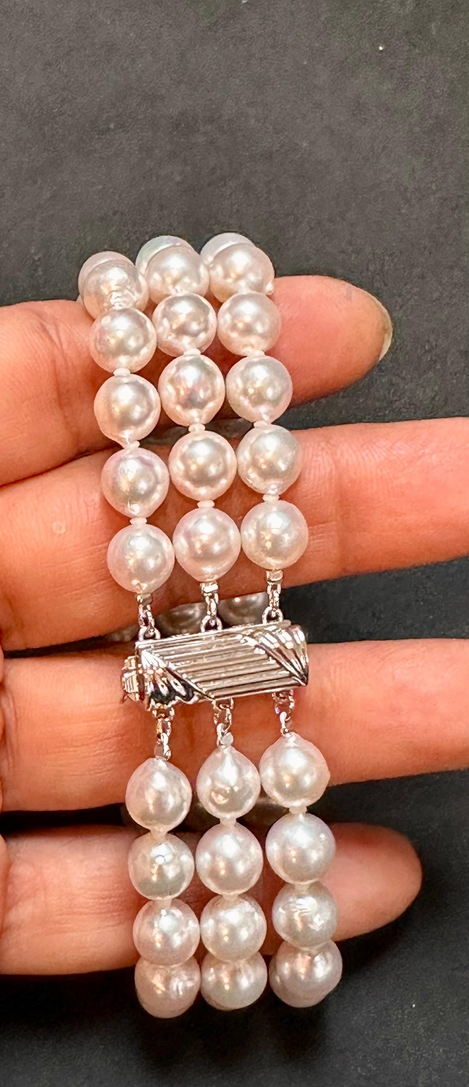 8mm Akoya Japanies Pearl Triple Strand Bracelet, Sterling Silver Clasp, 8 Inch - 5