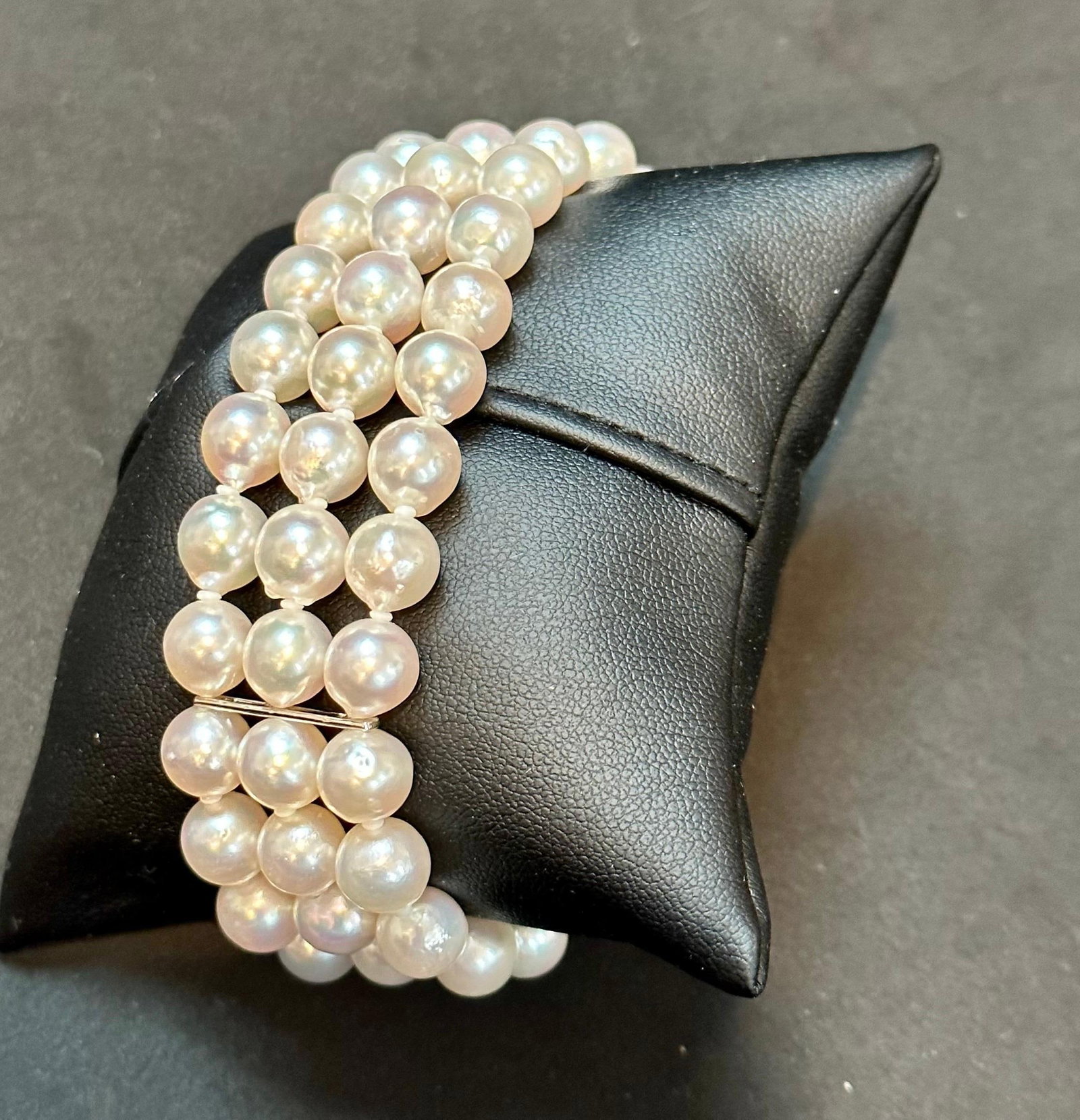 8mm Akoya Japanies Pearl Triple Strand Bracelet, Sterling Silver Clasp, 8 Inch - 9