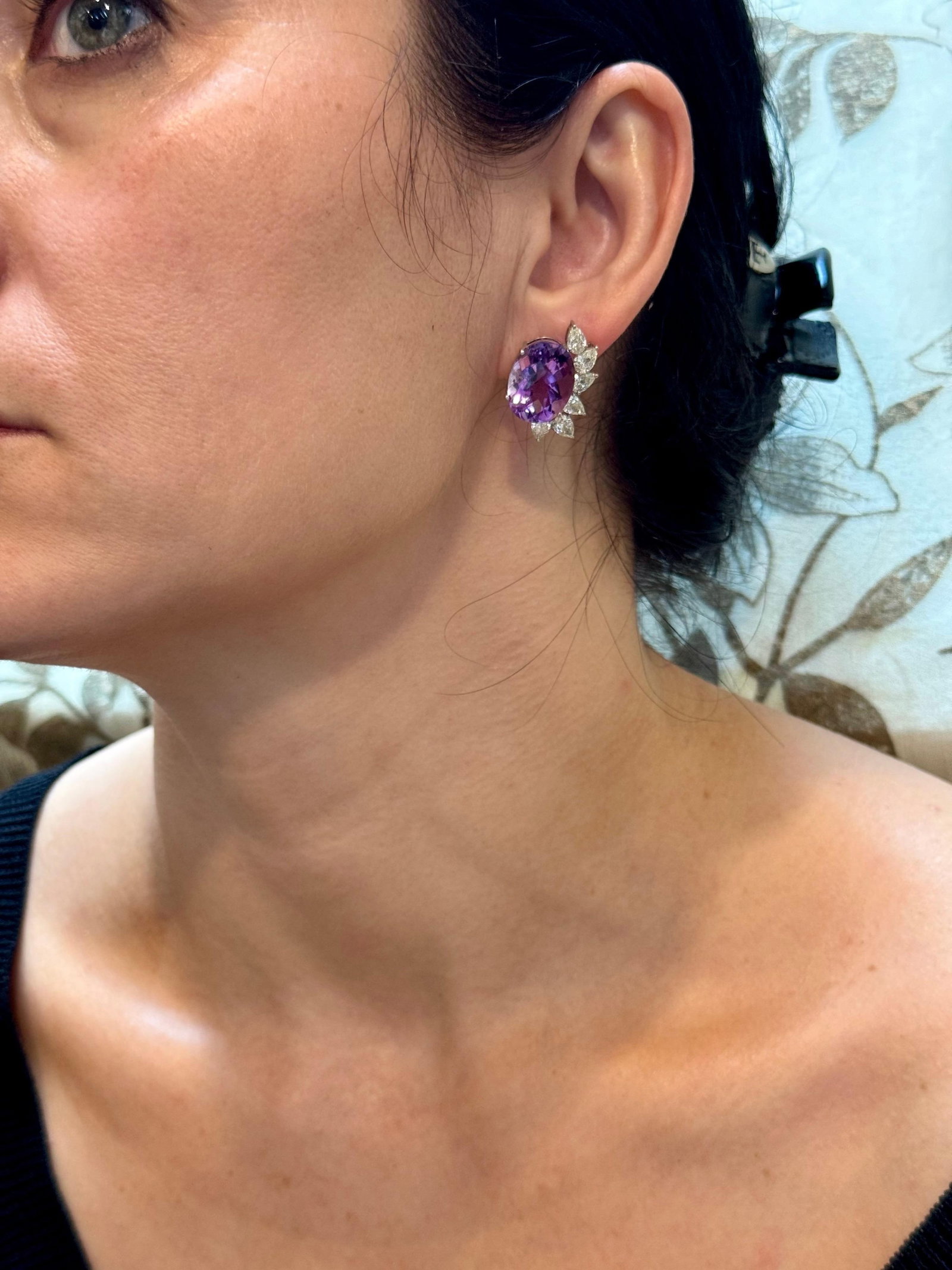 22 Ct Natural Amethyst & 3.60 Ct Pear shape Diamond Stud Earrings, 14KWG, A Pair - 12