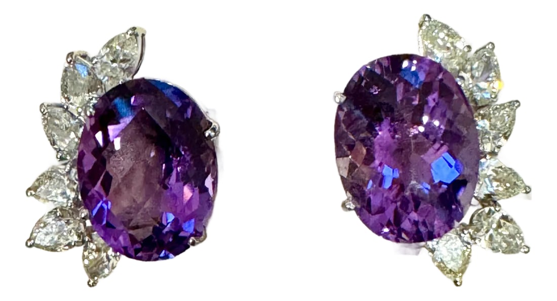 22 Ct Natural Amethyst & 3.60 Ct Pear shape Diamond Stud Earrings, 14KWG, A Pair (1 of 18)