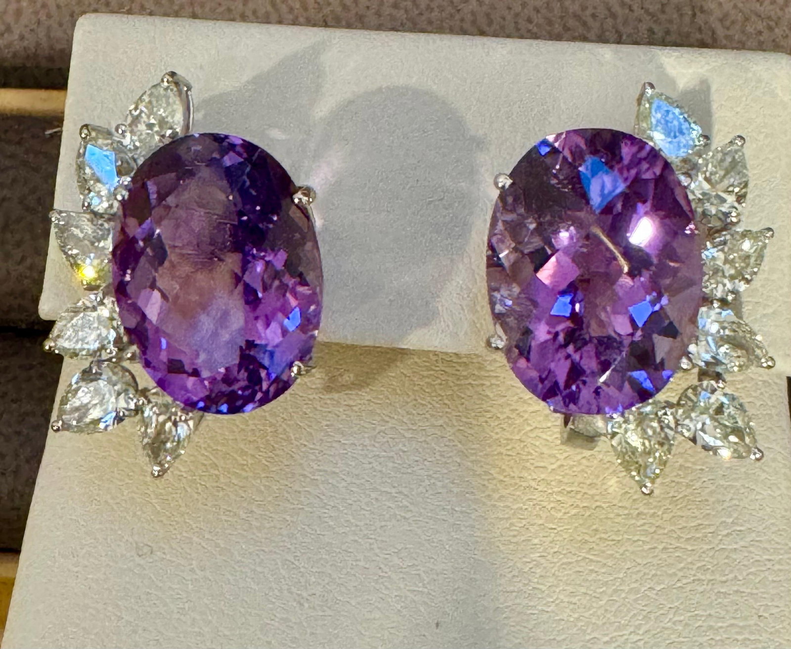 22 Ct Natural Amethyst & 3.60 Ct Pear shape Diamond Stud Earrings, 14KWG, A Pair - 2