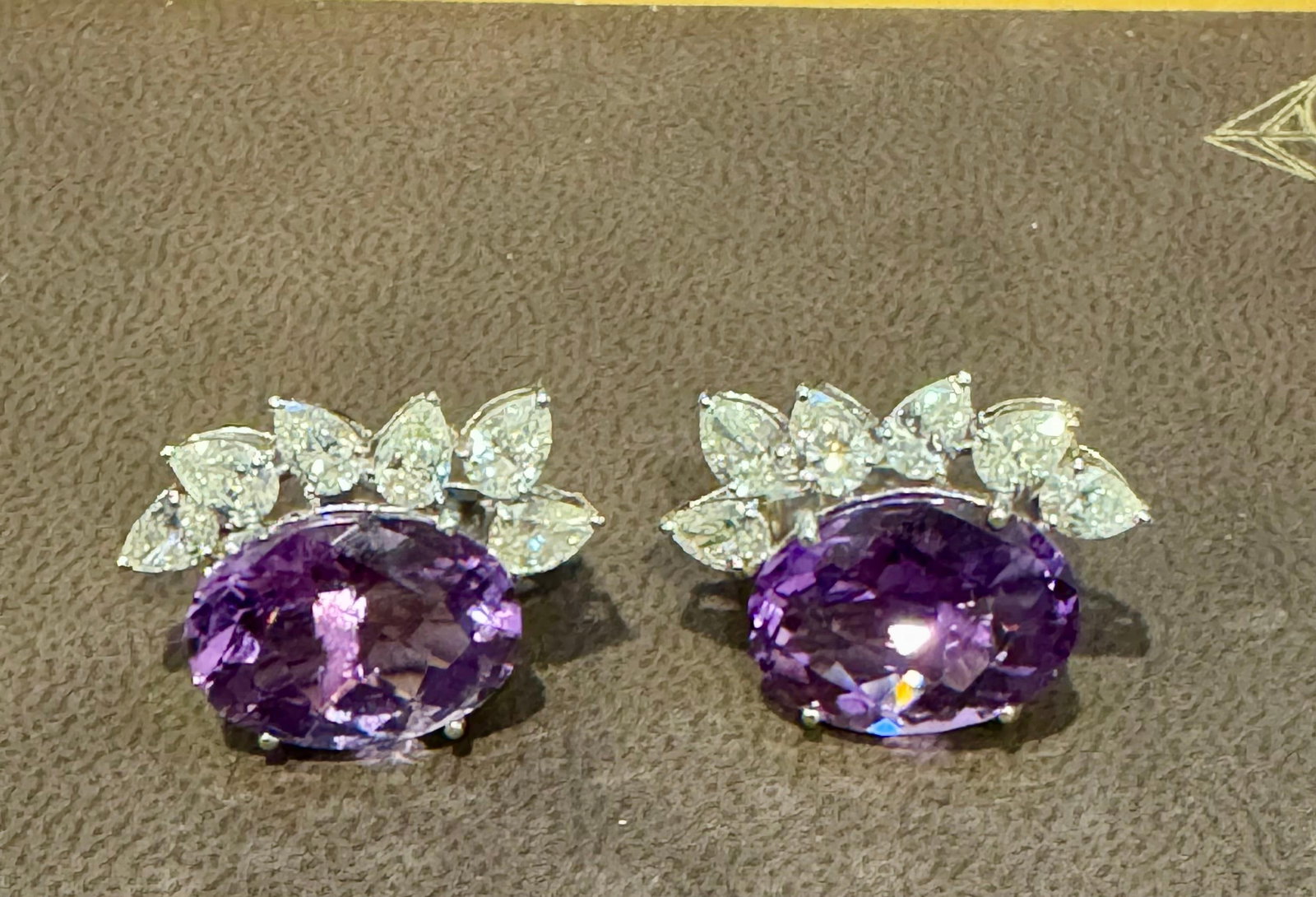 22 Ct Natural Amethyst & 3.60 Ct Pear shape Diamond Stud Earrings, 14KWG, A Pair - 4