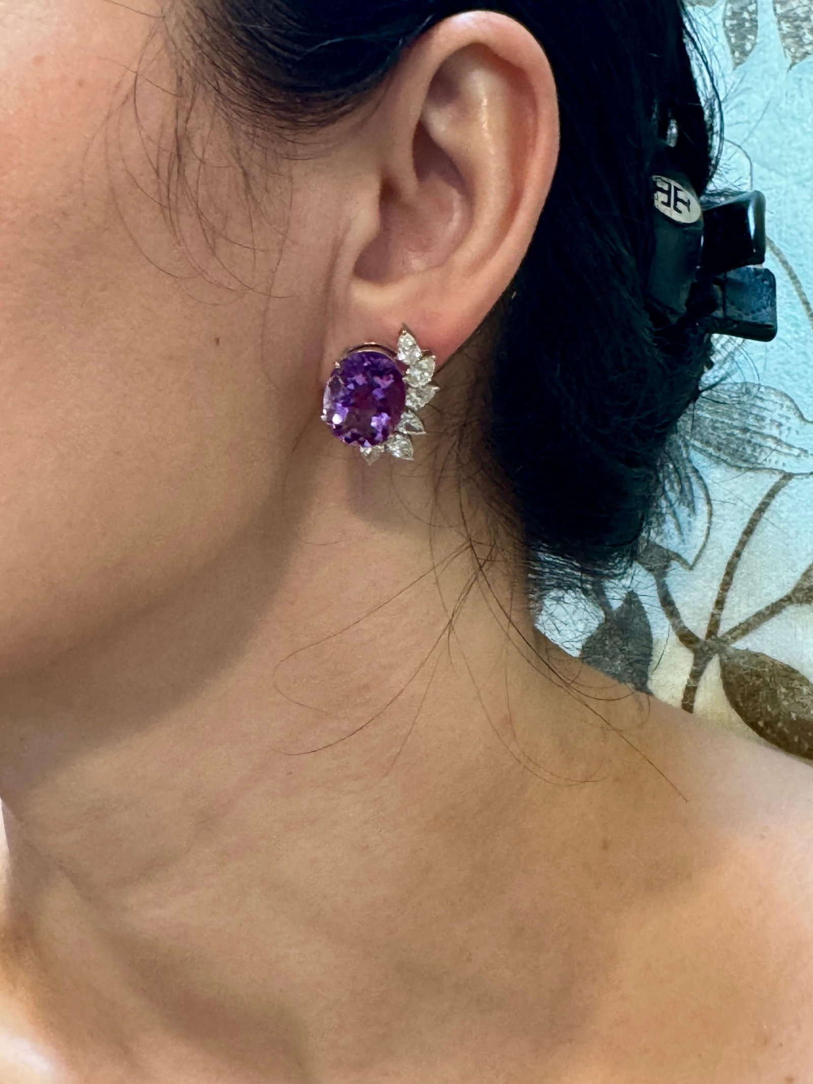 22 Ct Natural Amethyst & 3.60 Ct Pear shape Diamond Stud Earrings, 14KWG, A Pair - 6