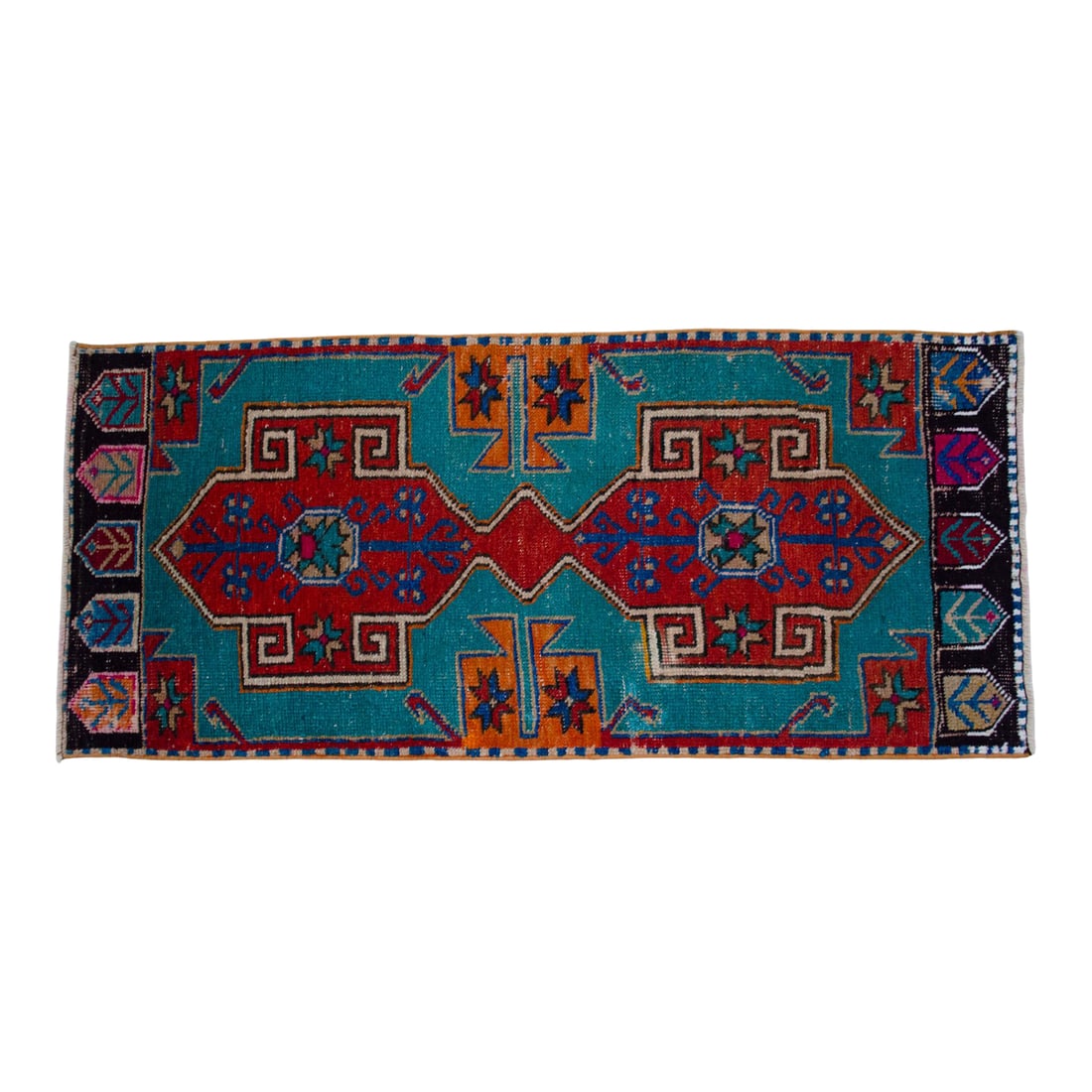 1970s Vintage Oushak Rug Hand Knotted Small Rug Mat - 1"²8"³ × 3"²11"³: Vintage Turkish hand-knotted small rug from Oushak, 1960s. Authentic wool-on-cotton Anatolian mat in vivid turquoise and rust tones, perfect for adding warmth and color to entryways, kitchens, or
