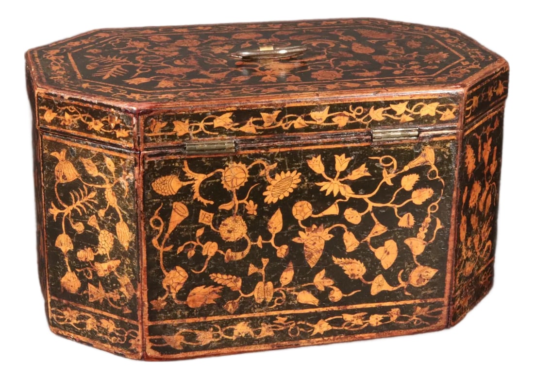 Regency English Penwork Double Tea Caddy, England, Circa 1820: Regency Elegance: Fine English Gold & Black Penwork Double Tea Caddy, Circa 1820 A striking and sophisticated Regency-era wooden tea caddy, showcasing the intricate art of English penwork (or japannin