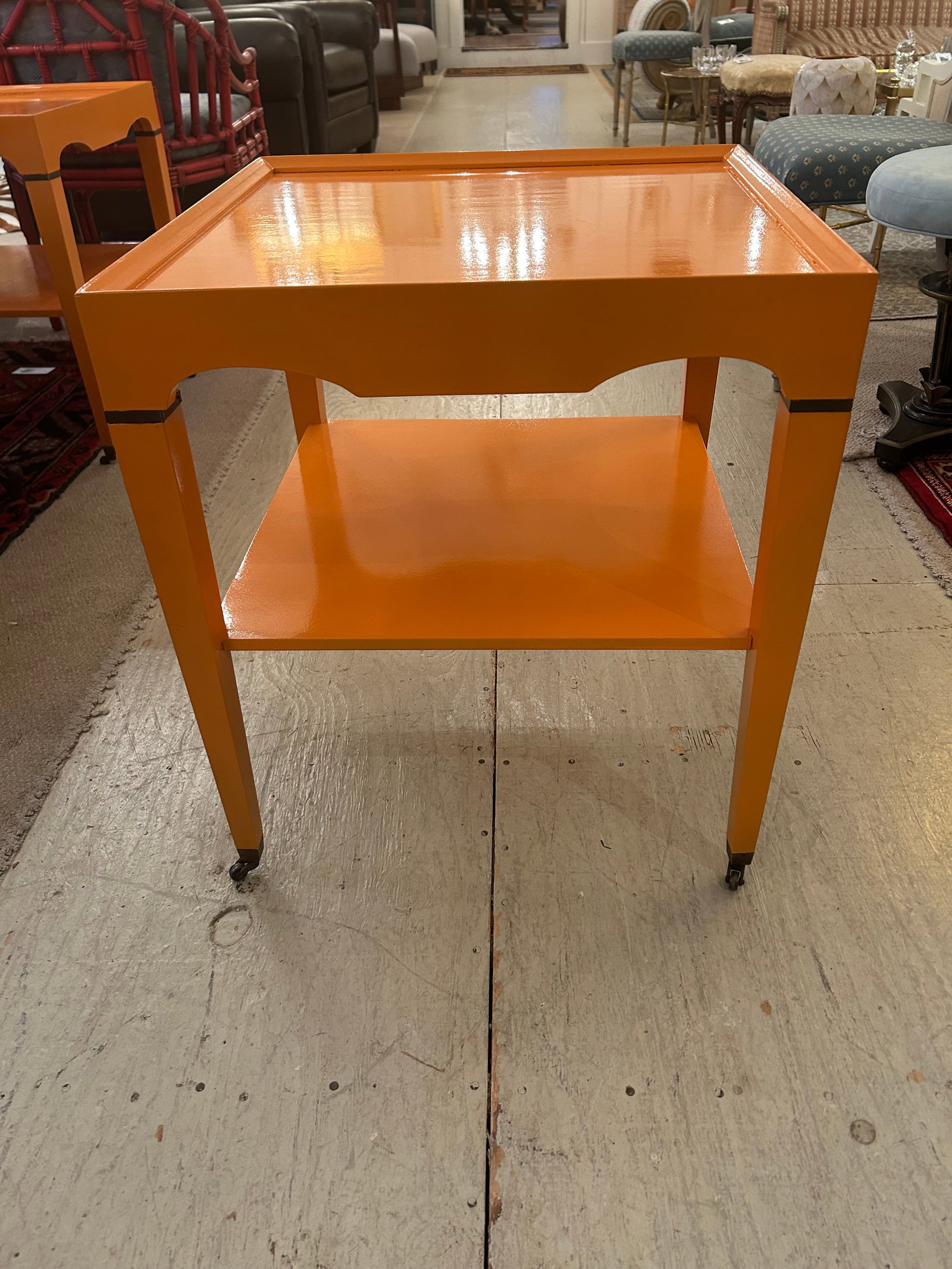 Glossy Hermes Orange Square Two Tier End Tables -a Pair - 12