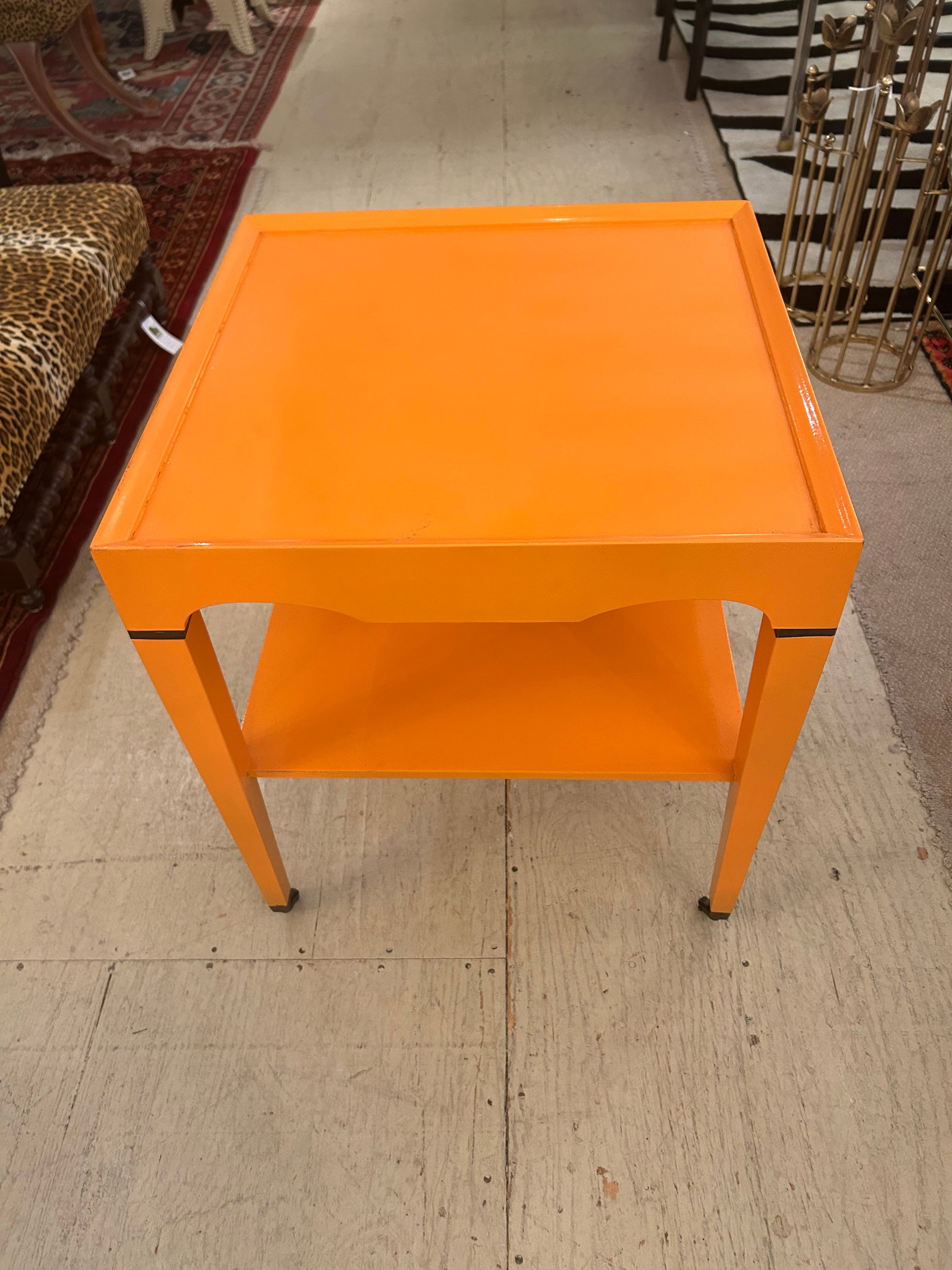 Glossy Hermes Orange Square Two Tier End Tables -a Pair - 14