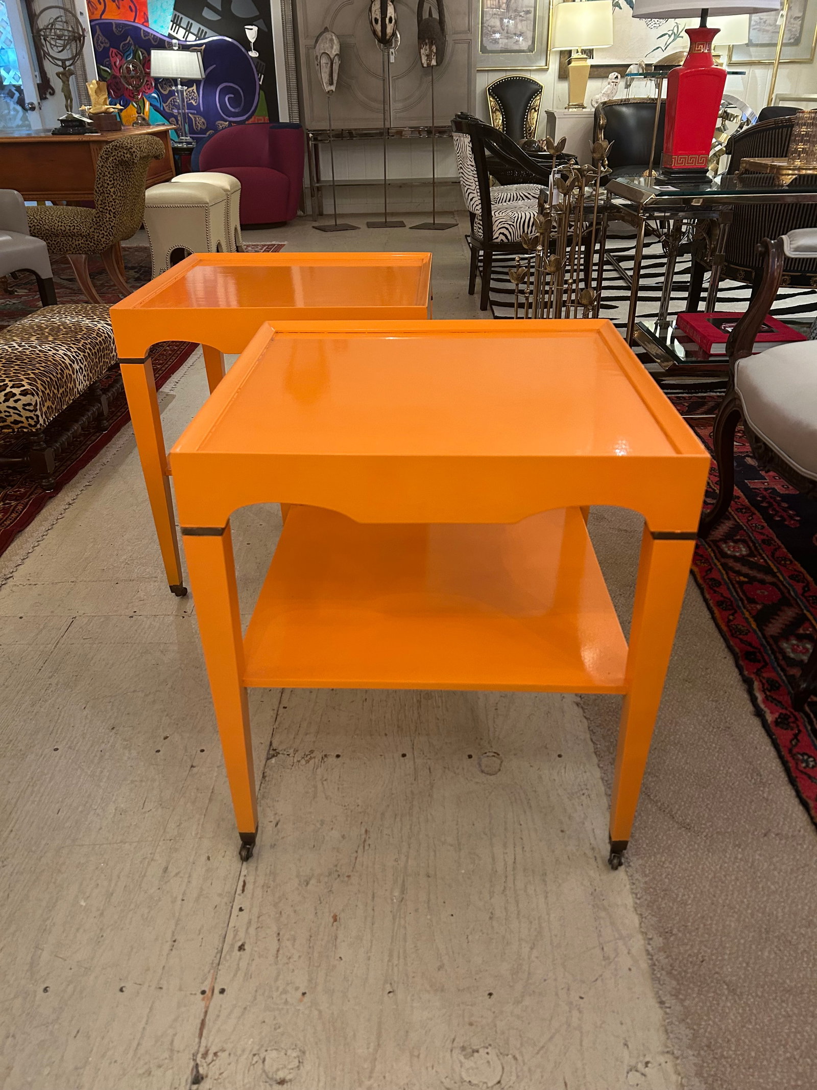 Glossy Hermes Orange Square Two Tier End Tables -a Pair - 16