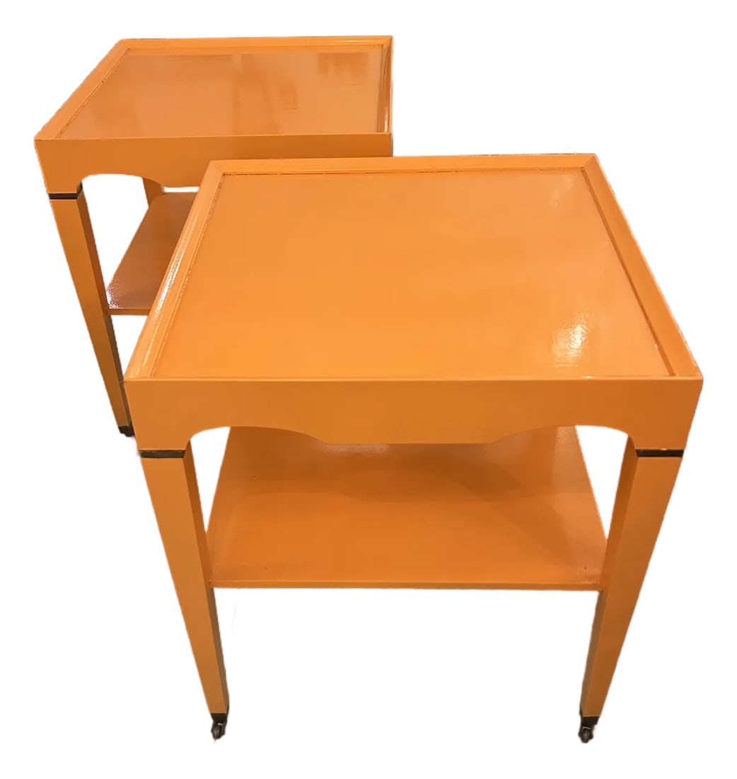 Glossy Hermes Orange Square Two Tier End Tables -a Pair: Scintillating pair of mid century modern square two tier end tables updated and hand painted a high gloss chic Hermes orange. The inset bronze finish bands and capped feet are a subtle classy detail.