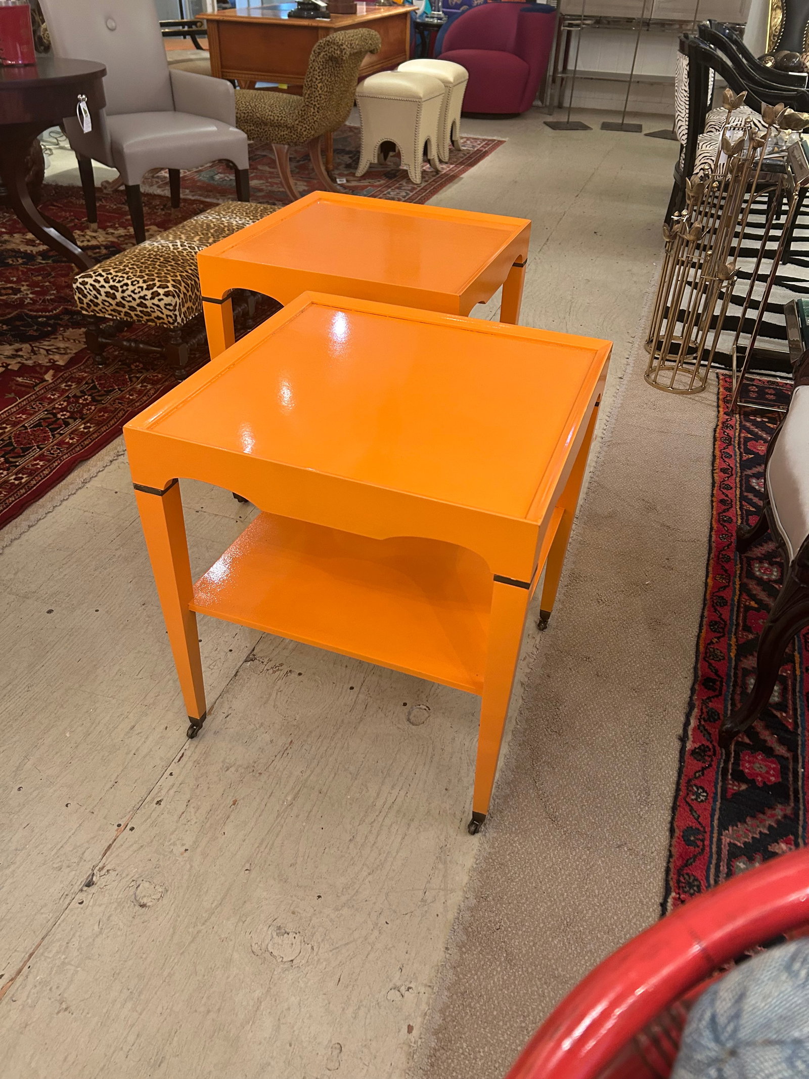 Glossy Hermes Orange Square Two Tier End Tables -a Pair - 2