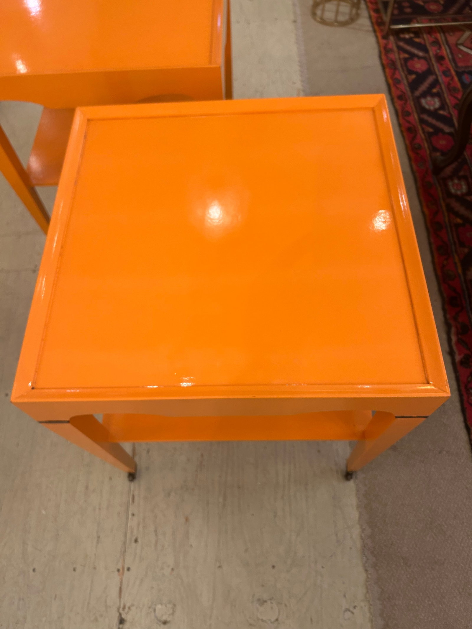 Glossy Hermes Orange Square Two Tier End Tables -a Pair - 5