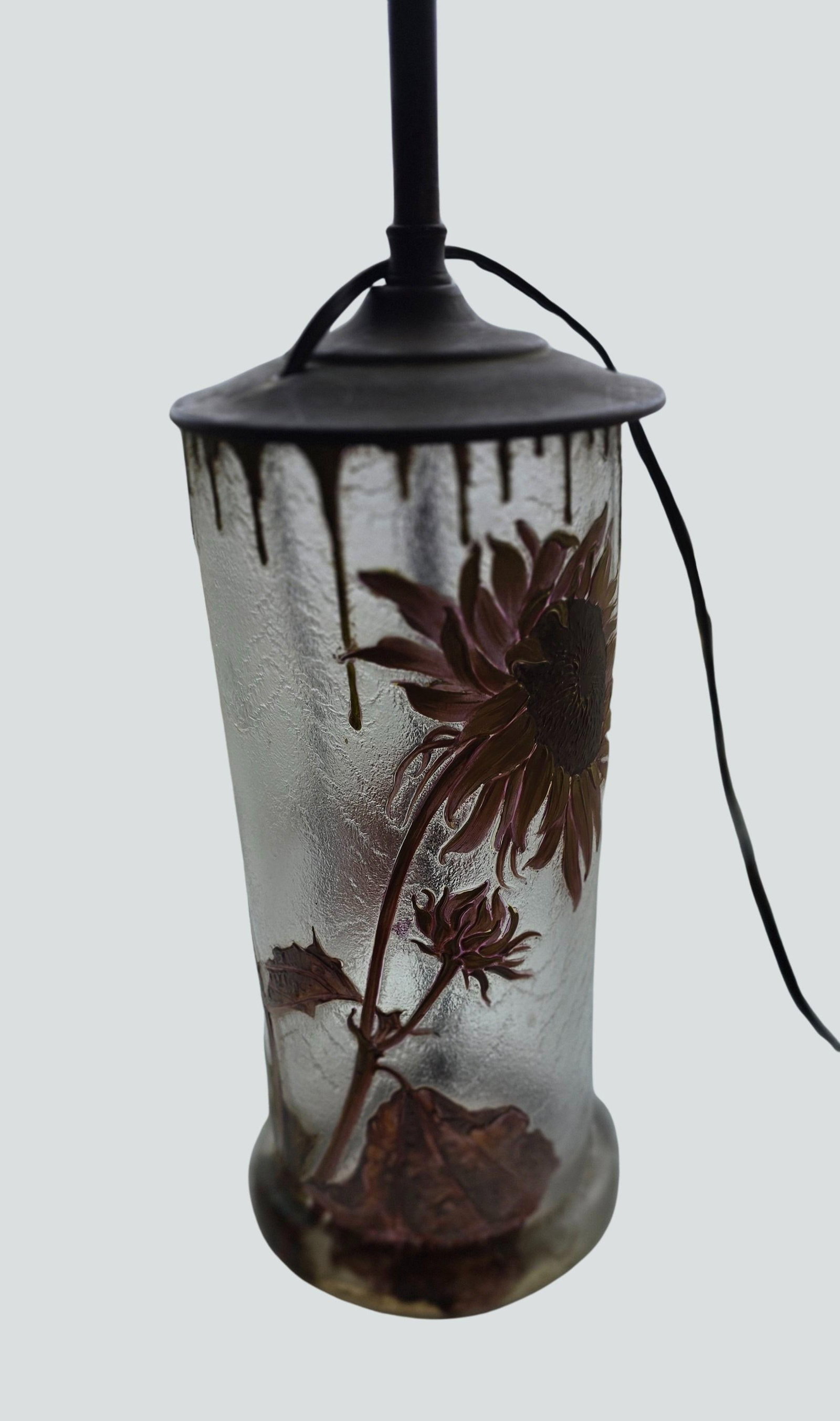 Antique Mont Joye French Art Nouveau Glass Lamp - Hand-Painted Sunflower Legras Cameo Glass - 11