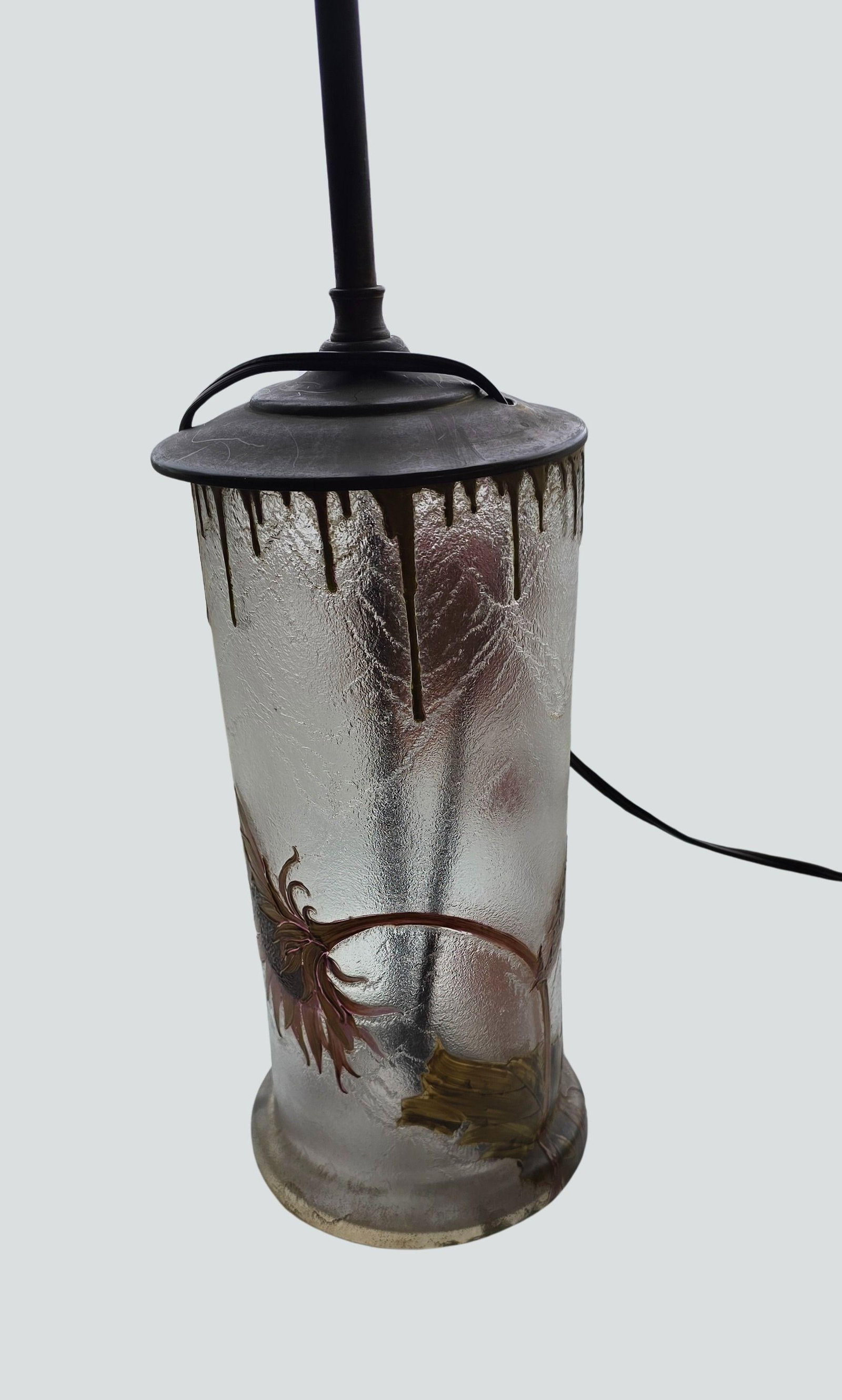 Antique Mont Joye French Art Nouveau Glass Lamp - Hand-Painted Sunflower Legras Cameo Glass - 13