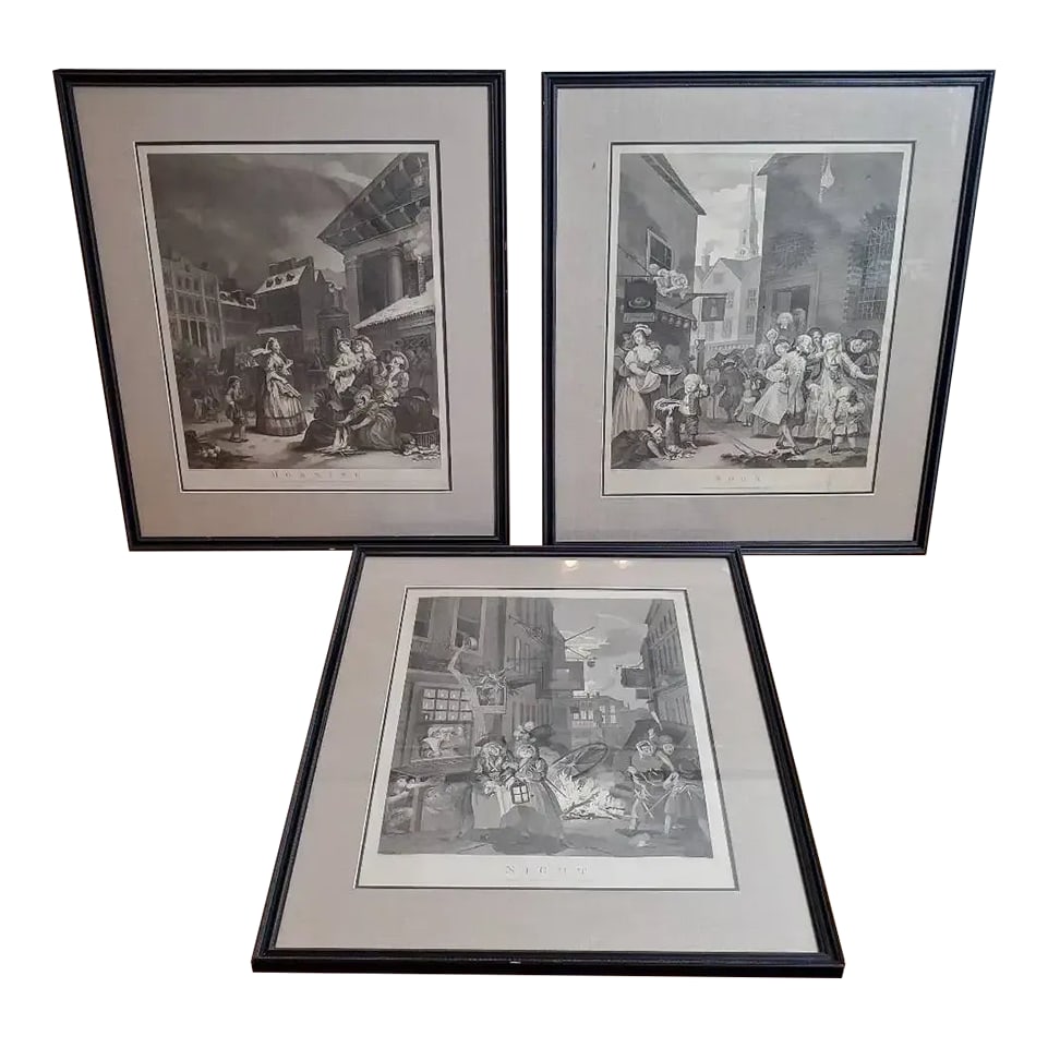 18th Century William Hogarth Four Times of Day Engravings - Set of 3 Framed Prints: 18th century London.Remarkable set of three authentic 18th century engravings from William Hogarth's IMPORTANT NOTE ON CONDITION: These authentic 1797 prints have been professionally reframed in