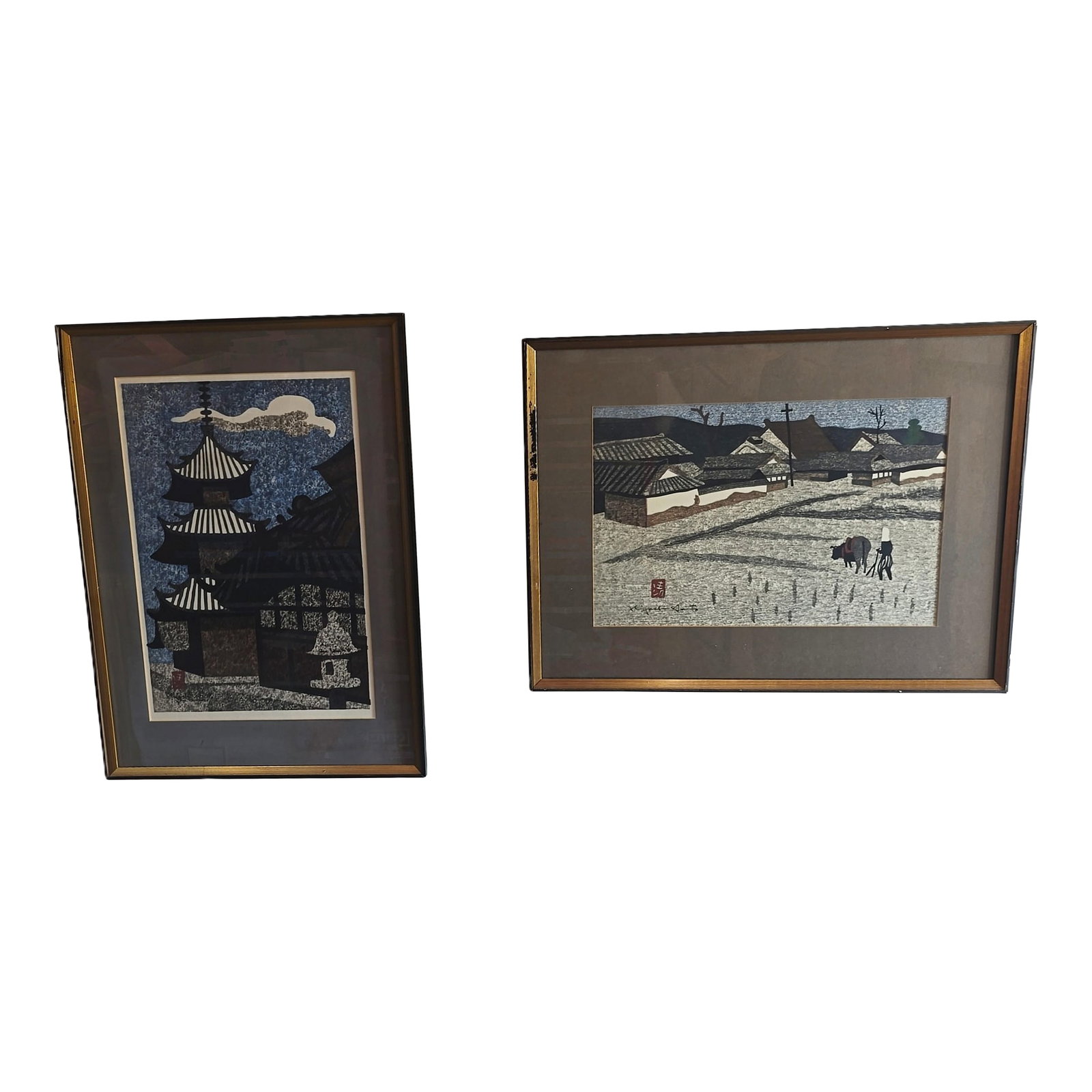 Pair of Kiyoshi Saito Mid-Century Japanese Woodblock Prints - Plowing the Field & Pagoda, Framed: A serene and sophisticated pair of original mid-century color woodblock prints by Kiyoshi SaitÅ (1907-1997), Japan's foremost modernist printmaker and a pivotal figure in the sosaku-hanga movemen