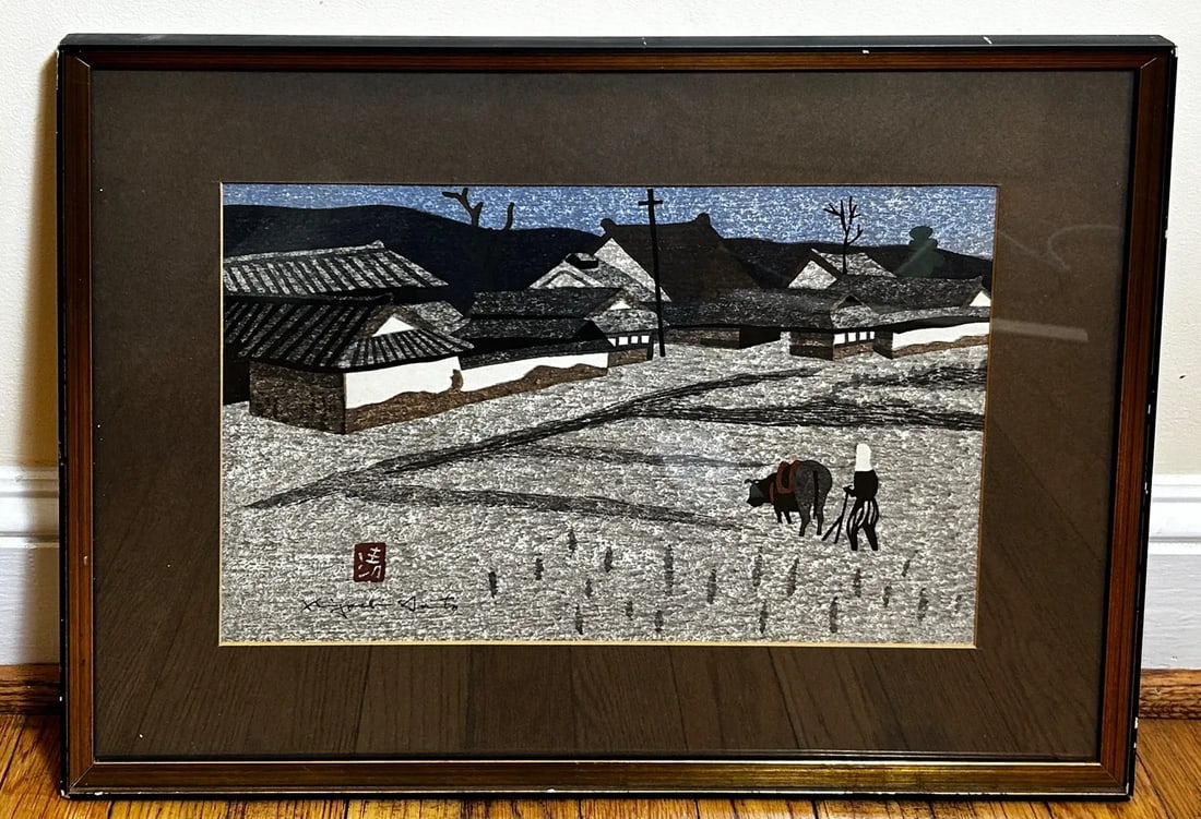 Pair of Kiyoshi Saito Mid-Century Japanese Woodblock Prints - Plowing the Field & Pagoda, Framed - 3