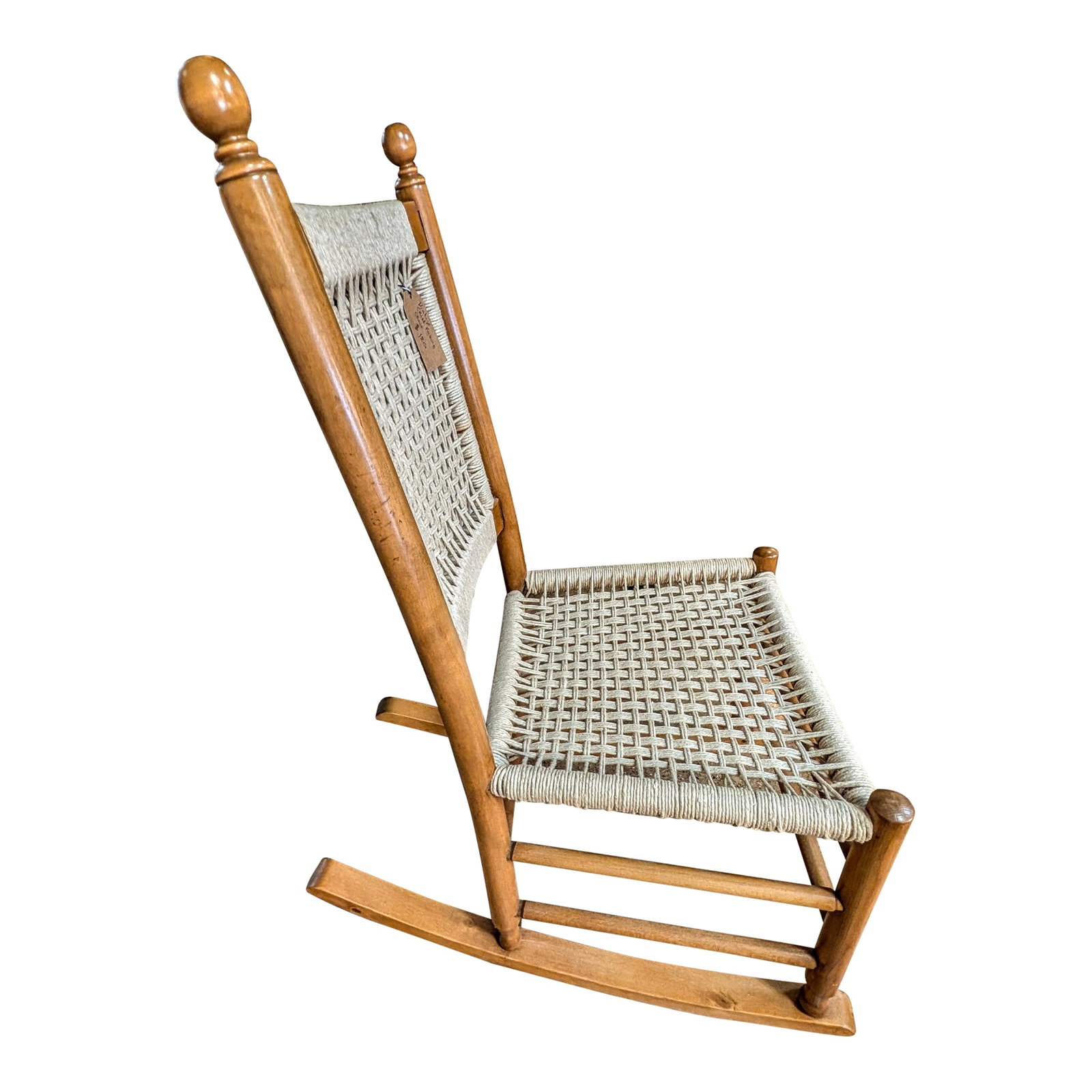 Restored Vintage Child's Rocking Chair With Hand-Woven Macramé Seat: This is a charming vintage child's rocking chair, beautifully restored to give it a fresh, modern life. Dating back to 1960's, the solid wood frame has been preserved, while the seat and back have