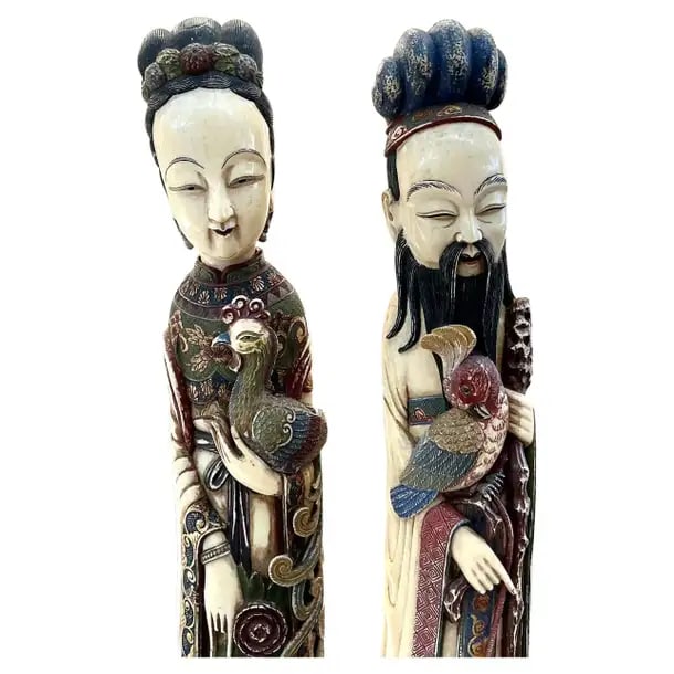 Large Carved and Polychrome Chinese Figurines, a Pair - 11