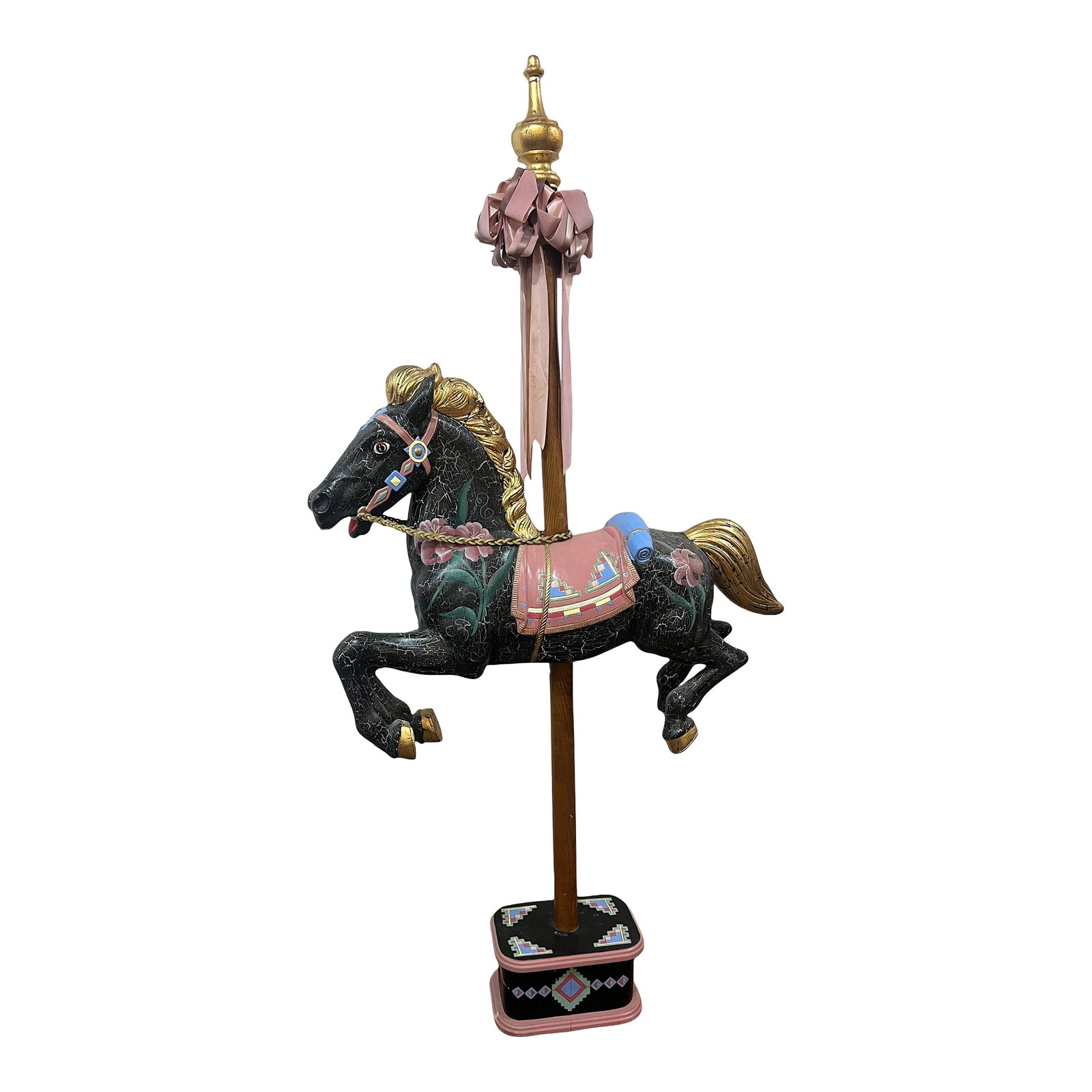 1980s Rotocast Molded Carousel Lifesize Miniature Horse on Wooden Pole: Rotocast plastic molded carousel life size miniature horse. Hand painted and signed by artist. This does have some paint loss and minor chipping. Adorable for child's room or store front window