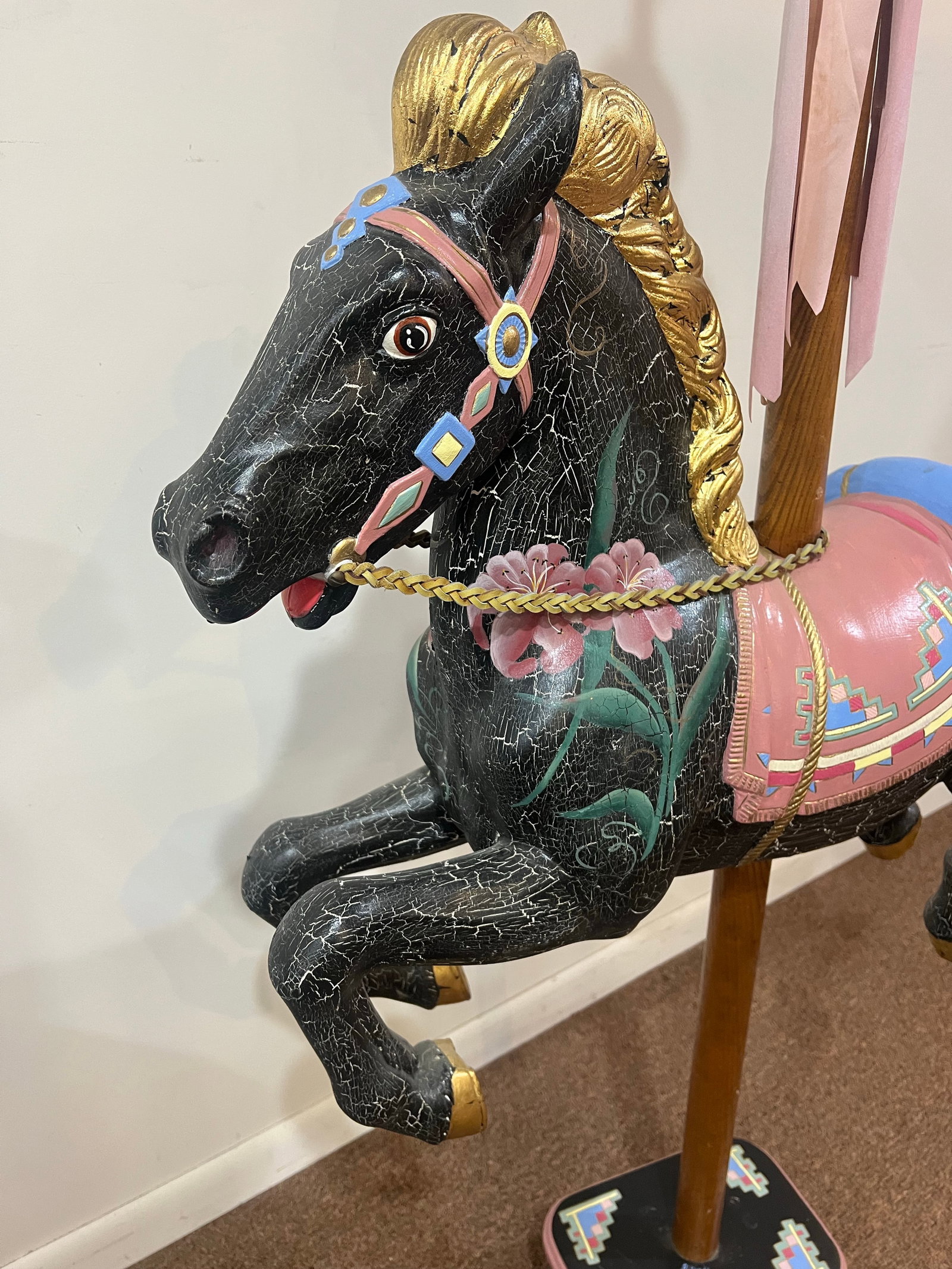 1980s Rotocast Molded Carousel Lifesize Miniature Horse on Wooden Pole - 7