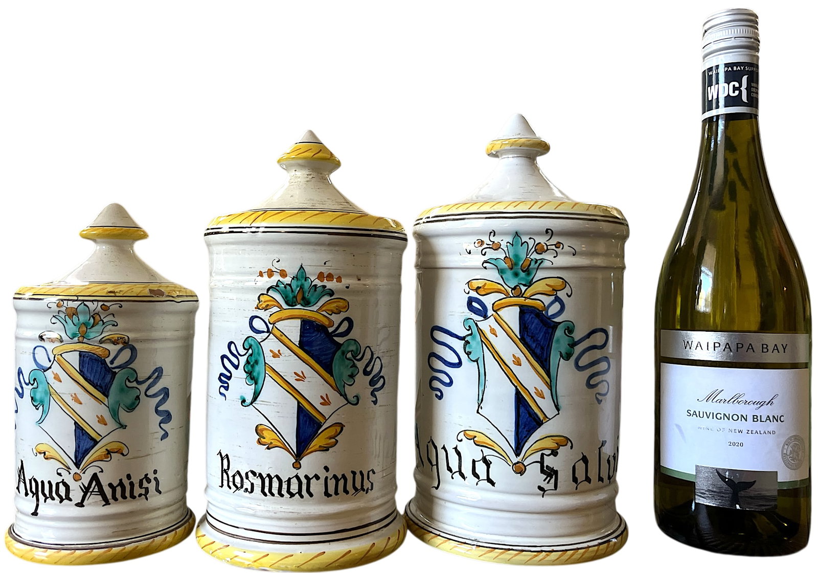 1960s Set of 3 Italian Majolica Apothecary Jars – Aqua Anisi, Rosmarinus & Aqua Salvia - 2