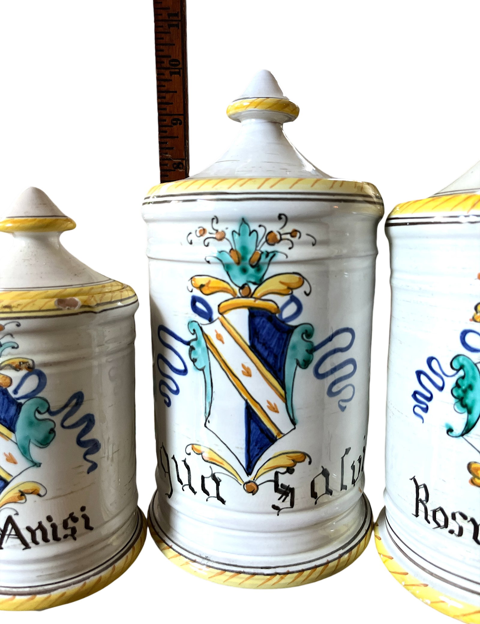 1960s Set of 3 Italian Majolica Apothecary Jars – Aqua Anisi, Rosmarinus & Aqua Salvia - 8