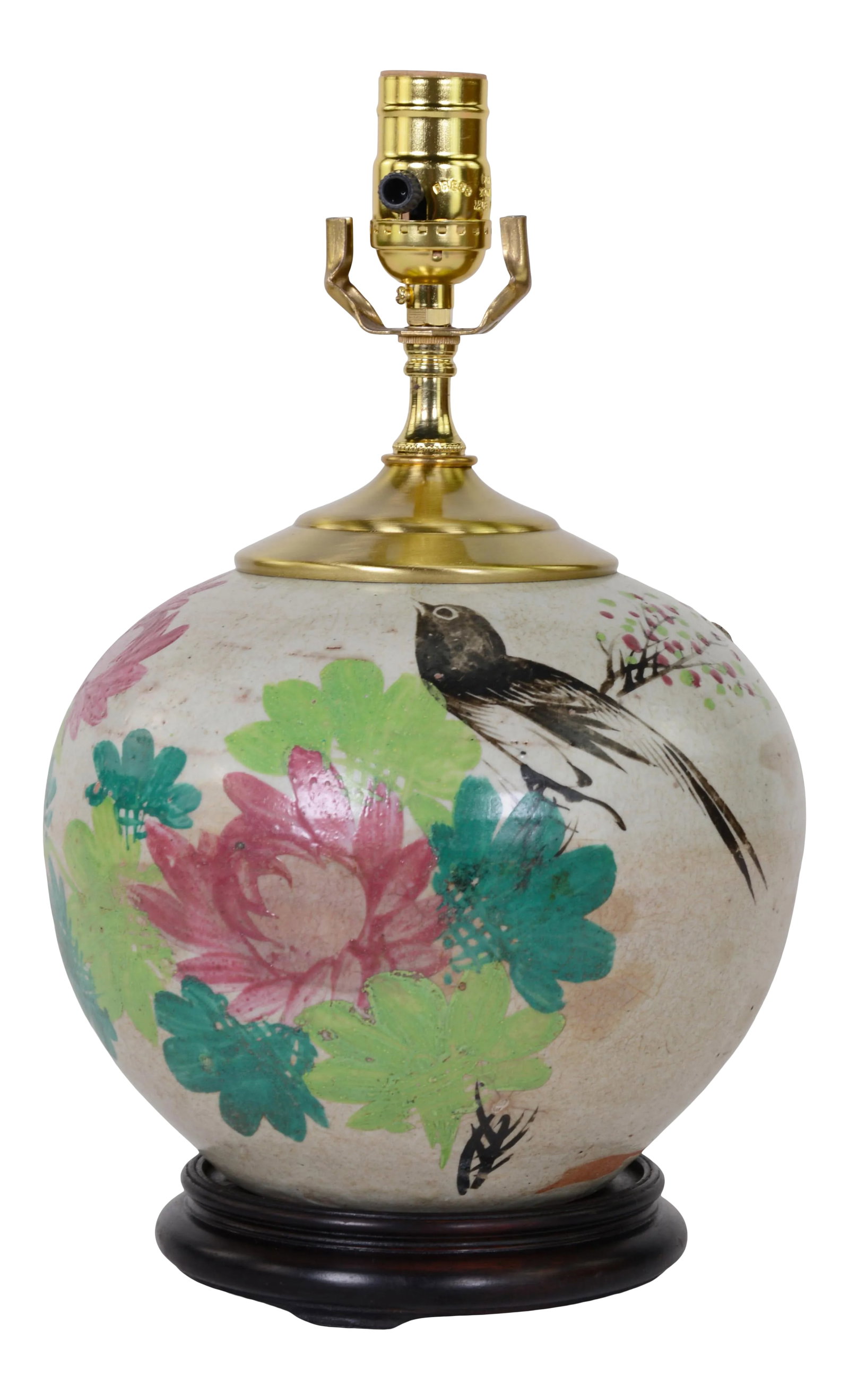 Chinese Antique Famill Rose Porcelain Vase Table Lamp: Chinese antique Famill Rose porcelain vase table lamp. SIZE: 8.5" * 13.5" with bird and floral, leave Condition: Alterations: Original Condition Unaltered Imperfections: Some Imperfections Condition N