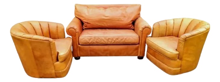Stunning Expressions Furniture Leather Collection (Loveseat & a Pair of Swivel Chairs): Elevate Your Space with Timeless Comfort Discover the perfect blend of style and relaxation with this stunning Expressions Furniture collection. Upholstered in buttery-soft, rich tan leather, this