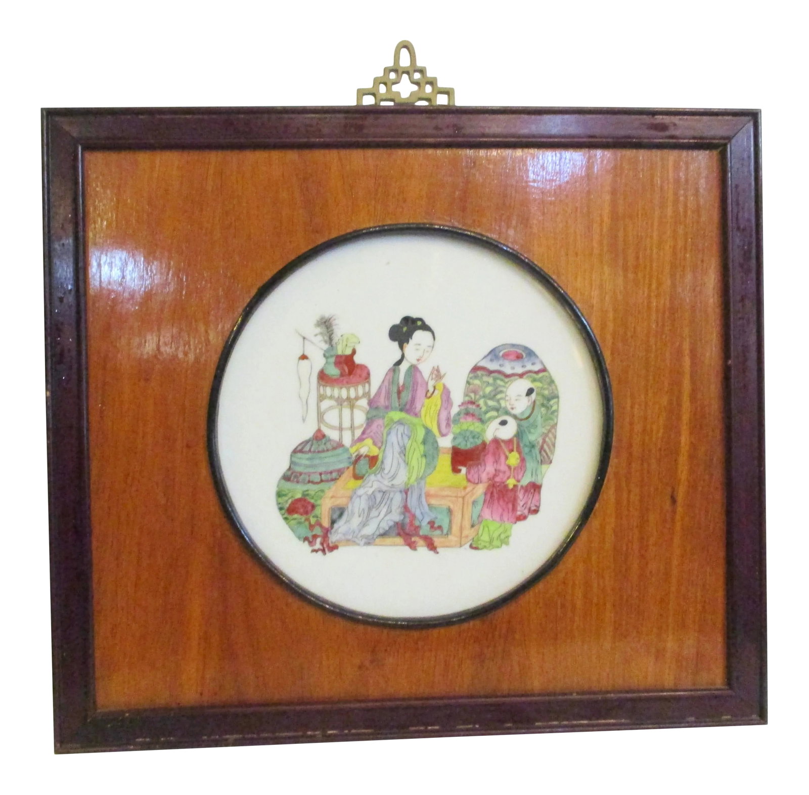Chinese Porcelain Panel Mid -Century: Seated lady receiving gifts of flowers from lucky twin boys, the image of a special day in a gifting scene. Traditional theme in Chinese cultural arts. The size is 16.75" by 15" high. The circular