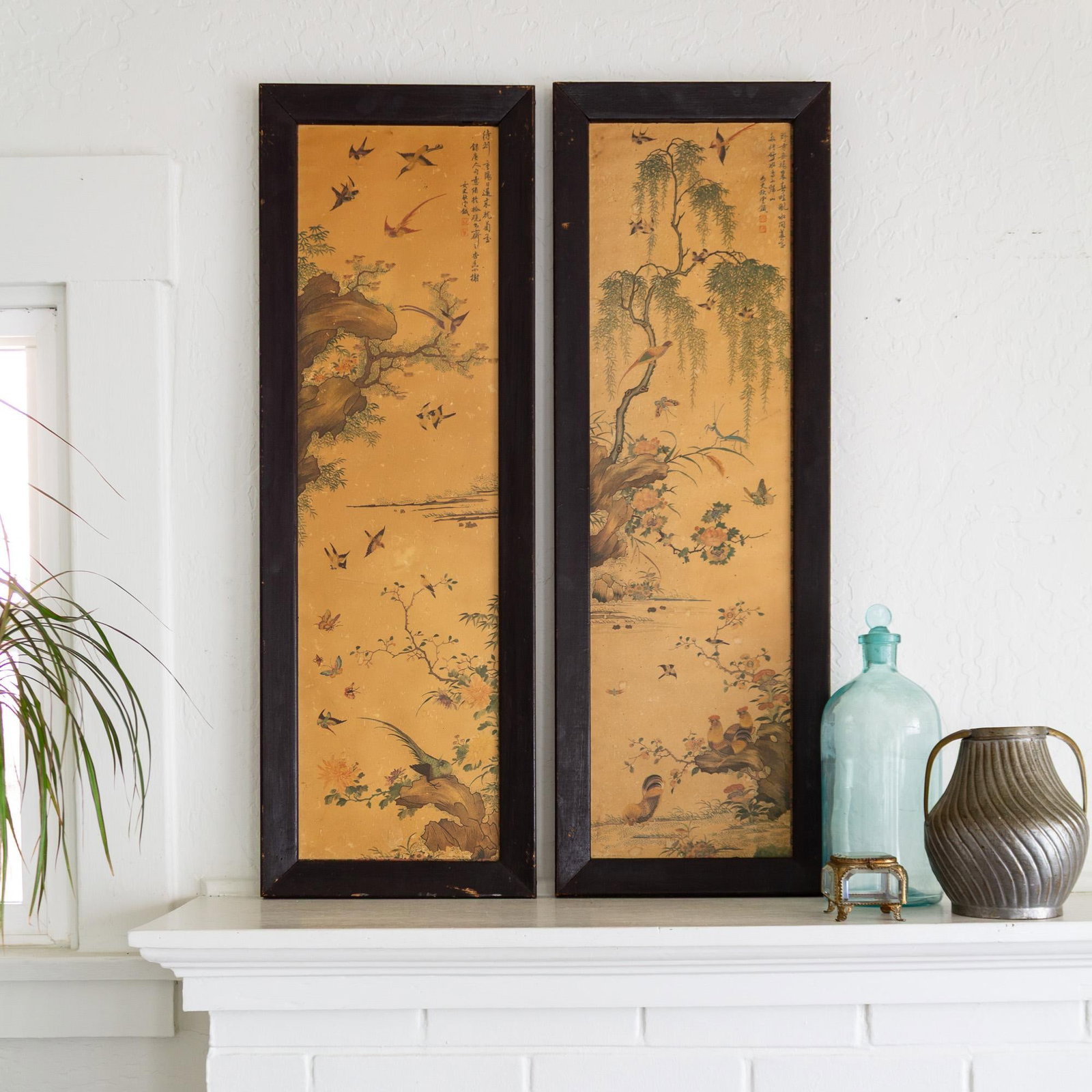 Pair of 1960s Chinoiserie Printed Panels on Wood With Asian Bird Motif - 10