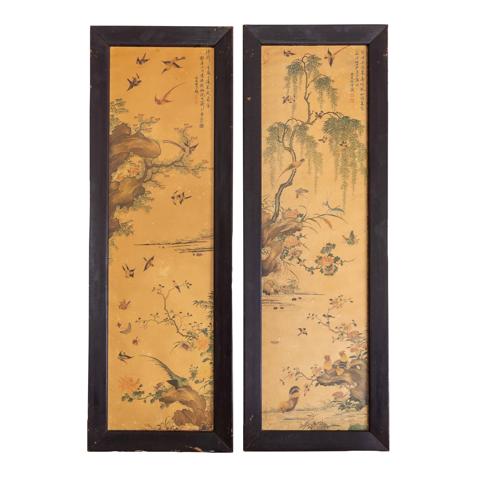 Pair of 1960s Chinoiserie Printed Panels on Wood With Asian Bird Motif: This pair of framed chinoiserie screen-like prints on paper depicts birds, flowering plants, willow trees, chickens, praying mantis, and butterflies, beautifully illustrated with fine details.