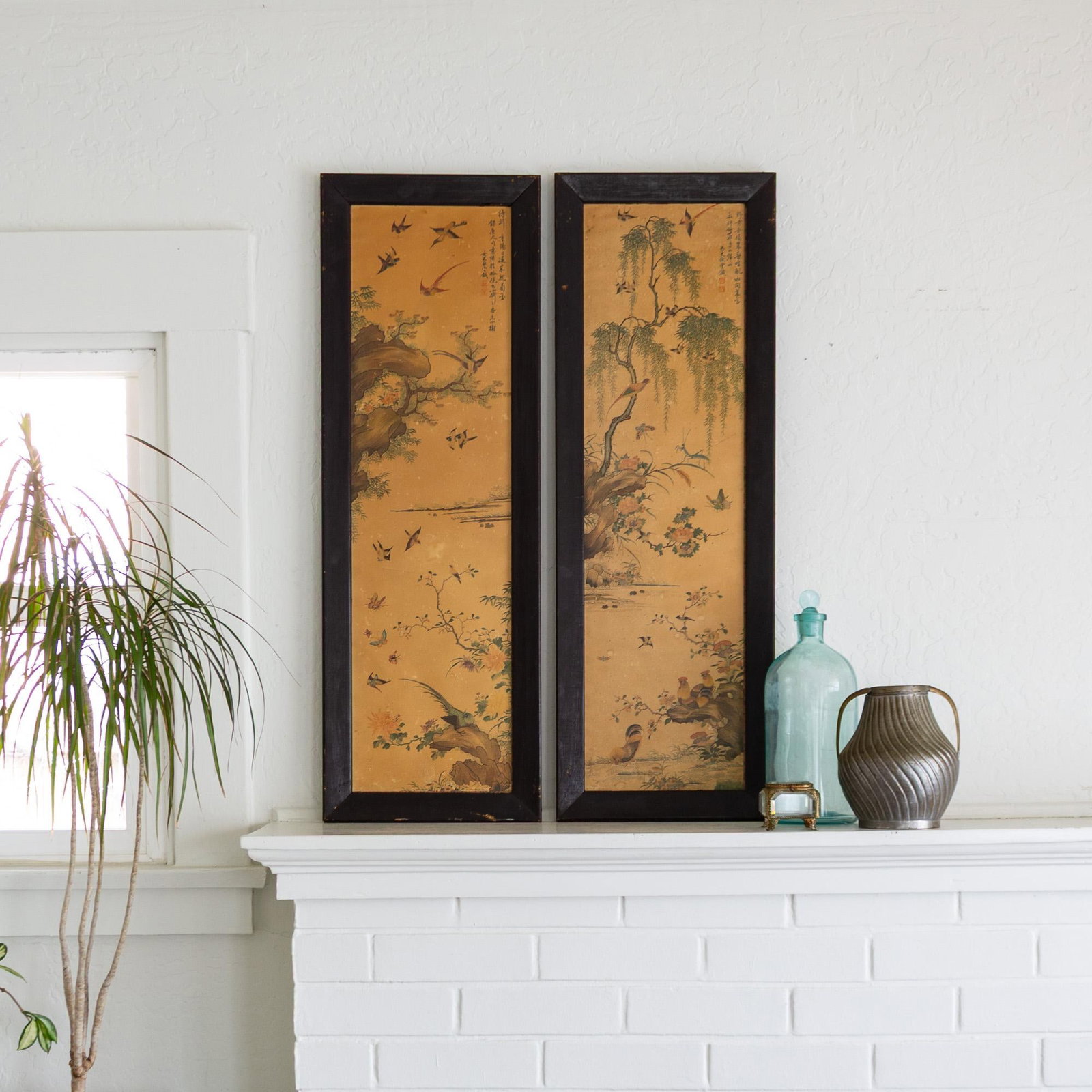 Pair of 1960s Chinoiserie Printed Panels on Wood With Asian Bird Motif - 2
