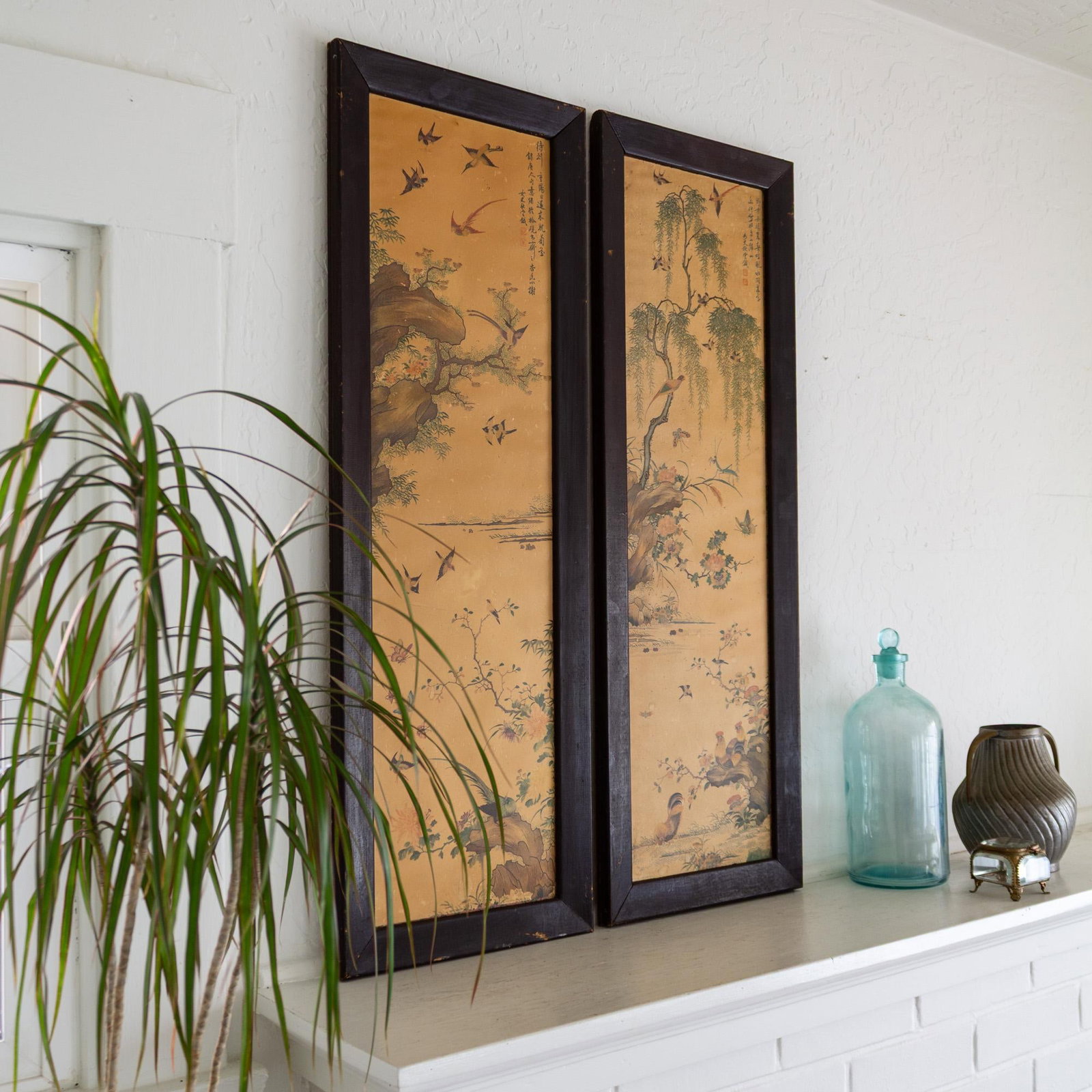 Pair of 1960s Chinoiserie Printed Panels on Wood With Asian Bird Motif - 7