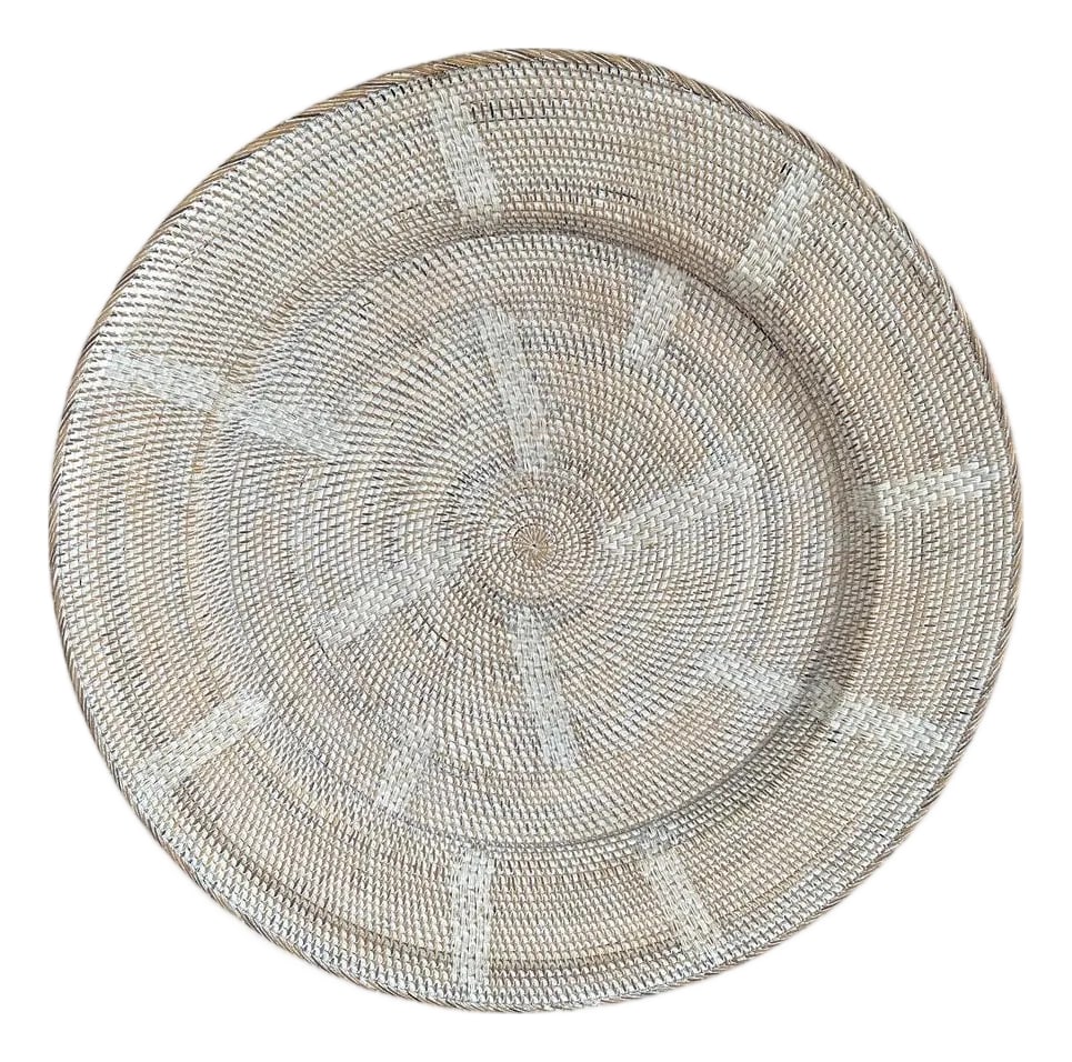 Andrianna Shamaris Oversized Hand Woven Rattan Platter: Beautiful oversized hand woven rattan platter. We added a white wash to this impressive piece. Fabulous hung on a wall, to hold towels by a pool, or to place magazines to name a few suggestions. Own