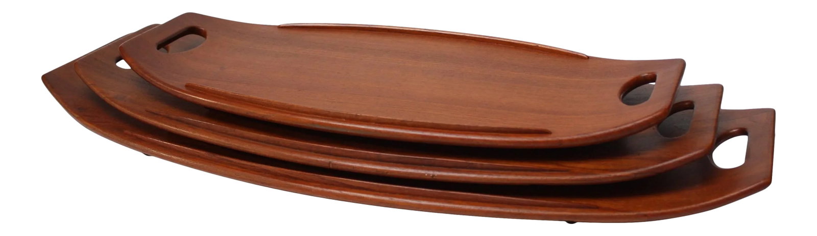Nest Staved Teak Serving Trays by Jens Quistgaard for Dansk - Set of 3: Complete set of three staved teak serving trays by Jens Quistgaard for Dansk. Designed with a slight size disparity (small, medium, and large) to allow the trays to nest together when not in use. Earl