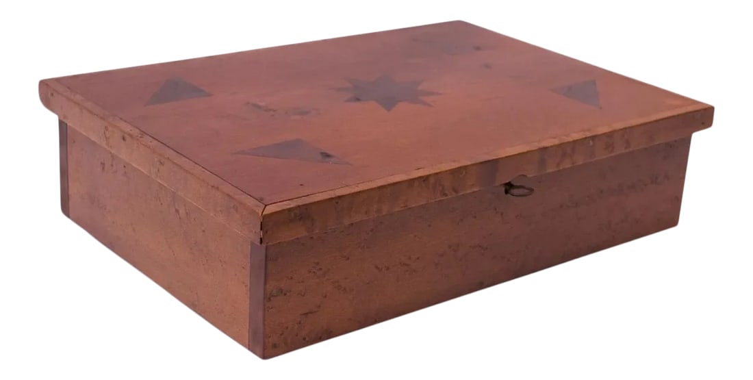 Folk Art Deco Maple Burl Wood Decorative Lock Box with Inlay Detail: Folk Art carved maple burl wood box with locking mechanism and original key, circa 1940s. Geometric inlay details present to the surface. Very nice, vintage condition with minor wear / patina from