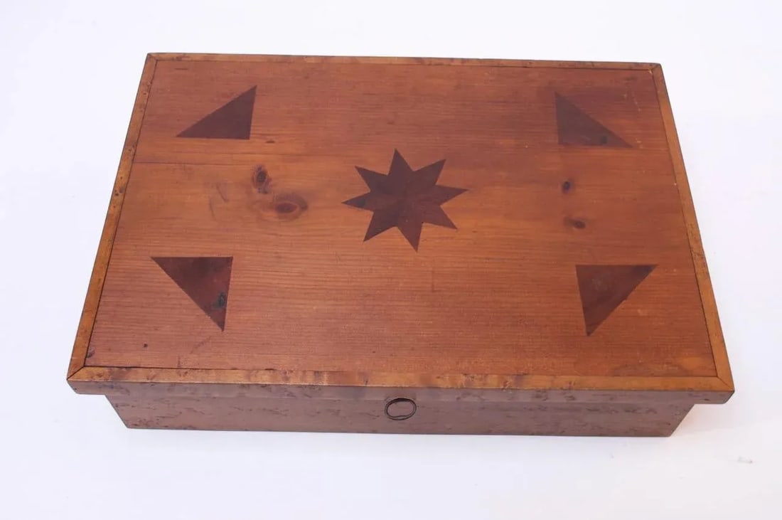 Folk Art Deco Maple Burl Wood Decorative Lock Box with Inlay Detail - 8