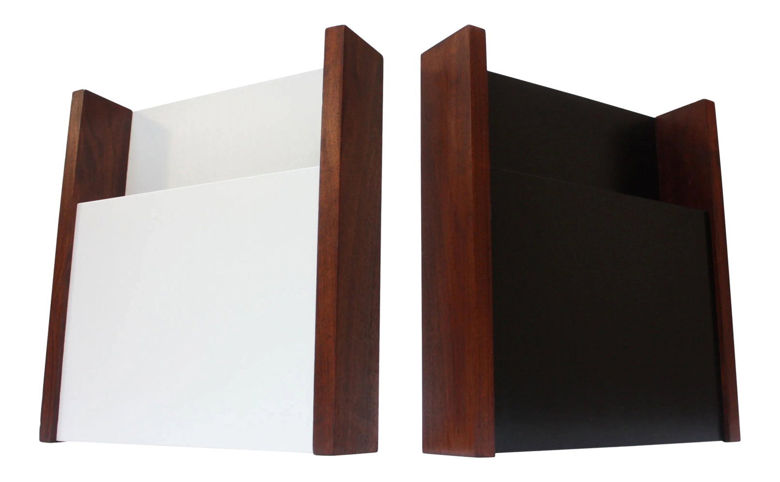 Peter Pepper Black and White Wall-Mounted Magazine Holders - A Pair: Wall-mounted magazine holders by Peter Pepper Products of Wilmington, CA (circa 1970s). Composed of a laminate divider (one in black, the other in white) framed by walnut borders. Very nice, vintage c