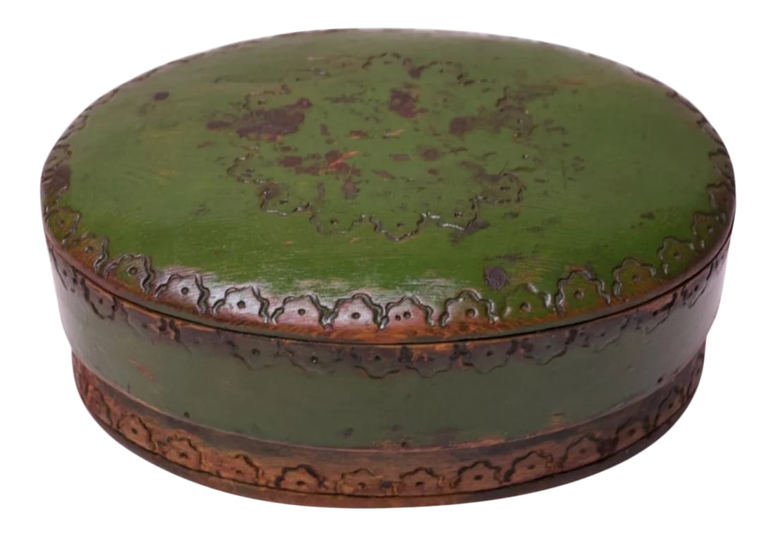1930s Folk Art Wood-Burned and Hand-Painted Soap Box: 1933 Victorian style Folk Art soap box / keepsake box composed of an oval wooden lid and box in original green paint. Intricate wood-burning detail present (reminiscent of leather hand-tooling).