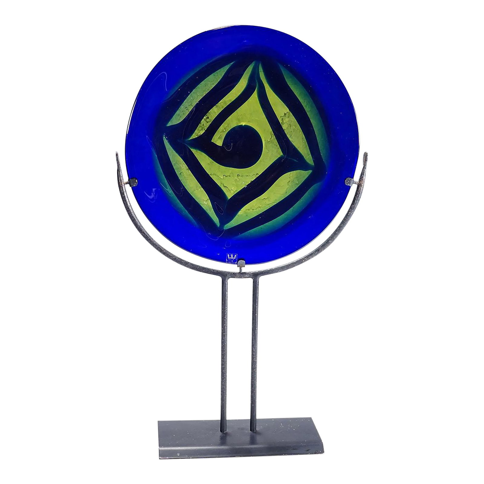 Vintage Crystal Art Glass Sculpture by Goeran Waerff for Kosta: Vintage Crystal Art Glass Sculpture by Goeran Waerff for Kosta A glass sculpture by Swedish glass artist Goeran Waerff for Kosta Boda. The sculpture consists of a round, blue and yellow glass disc