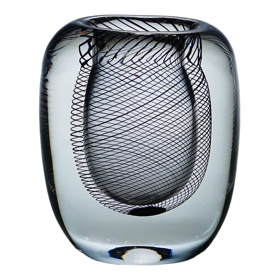 Vintage Art Glass Vase by Vicke Lindstrand for Kosta 1950s: Vintage Art Glass Vase by Vicke Lindstrand for Kosta 1950s A vintage art glass vase designed by Vicke Lindstrand and manufactured by Kosta Glassworks in the 1950s. Thick clear glass with a purple mesh