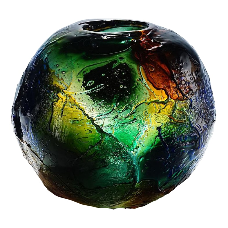 Large Spherical Vase Geacolor by Gae Aulenti for Venini, Murano, 1995: Large Spherical Vase Geacolor by Gae Aulenti for Venini, Murano, 1995 A rare sculptural art glass vase of the Geacolor series made of colorless glass with multicolored fused glass in bold relief. Desi