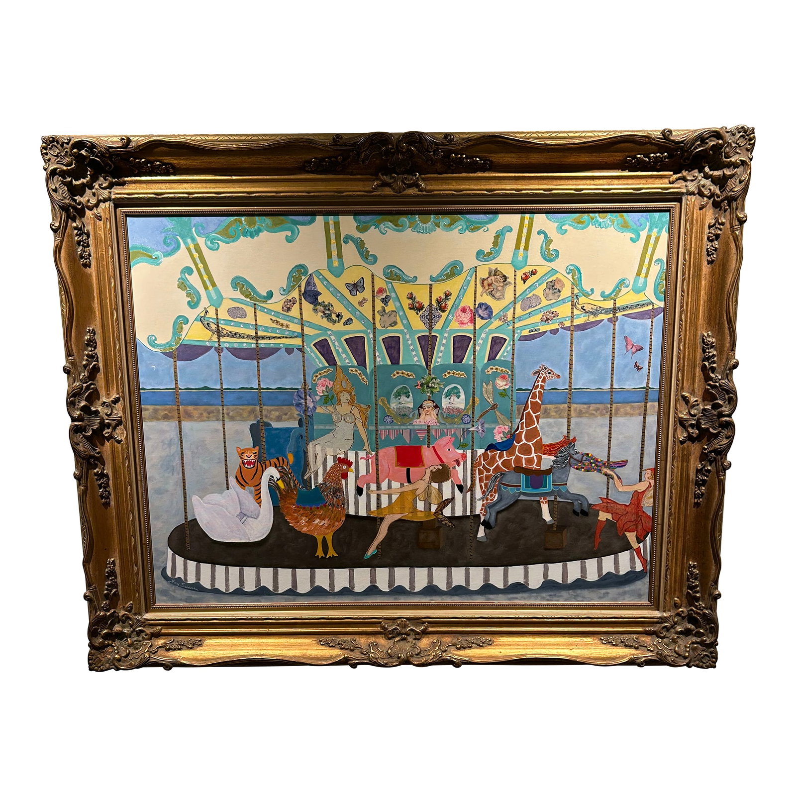 Monumental Painting & Collage of Whimsical Carousel in France: Large and enchanting, a whimsical mixed-media fantasy with acrylic, vintage crepe paper and antique Valentines. Inspired by a carousel in Ile de Re, France. One of a kind antique gilded wood frame.