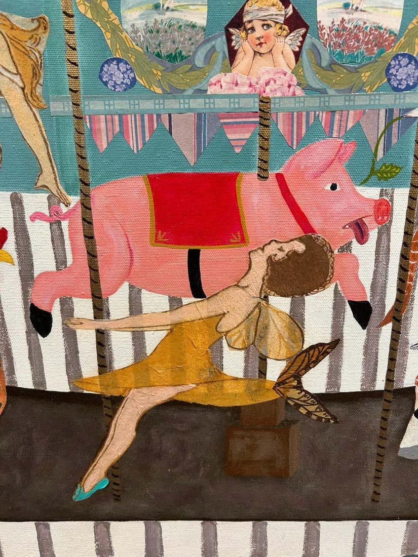 Monumental Painting & Collage of Whimsical Carousel in France - 4