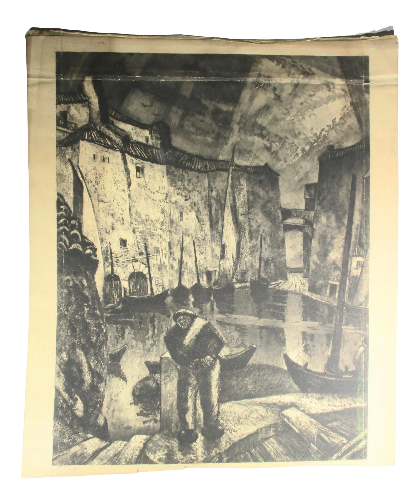 Aquatint Etching by Heran Chaban Circa 1920's: A very interesting aquatint by Heran Chaban in a style that strongly evokes the dynamics of the film Metropolis by Fritz Lang. The figure surrounded by looming walls sweeping upward bright light to
