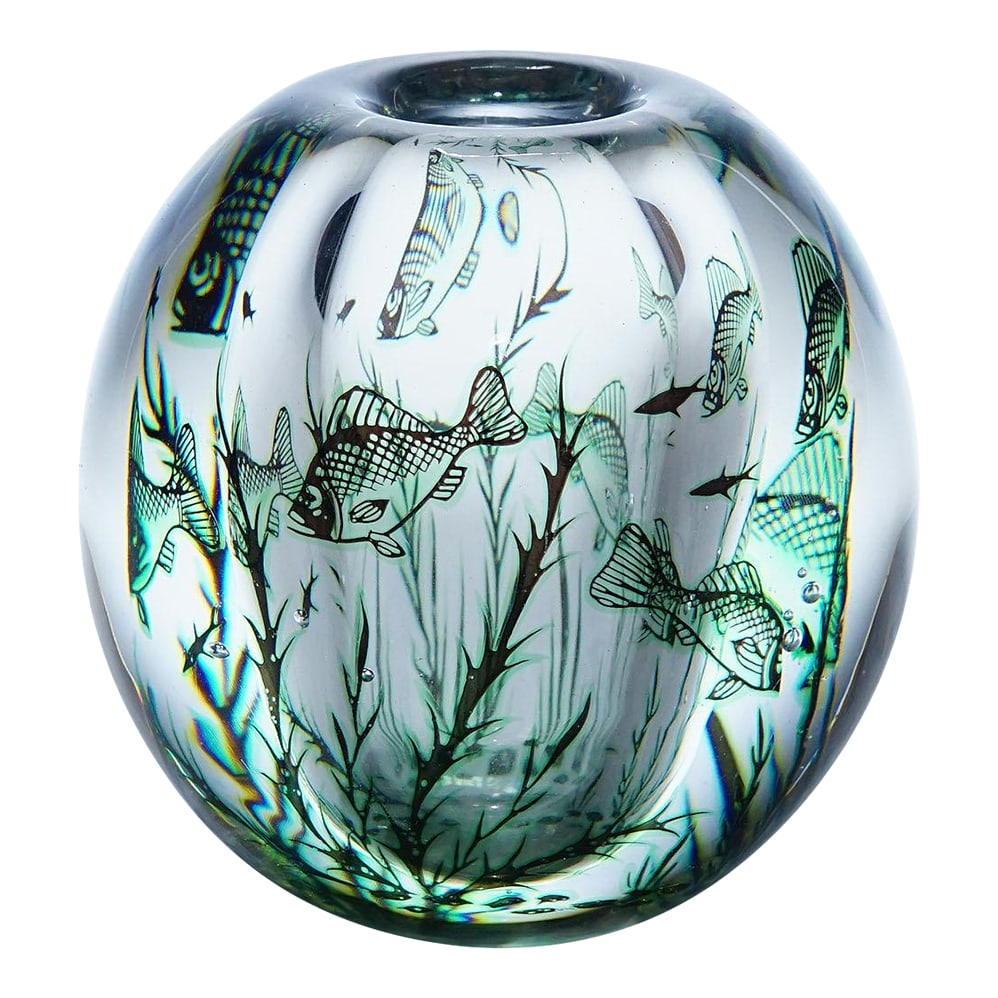 Vintage Fish Graal Vase by Edward Hald for Orrefors, Sweden: Vintage Fish Graal Vase by Edward Hald for Orrefors, Sweden A vintage vase of the Graal series designed by Edward Hald for Orrefors Sweden in 1938. Clear and green glass decorated with underwater flor