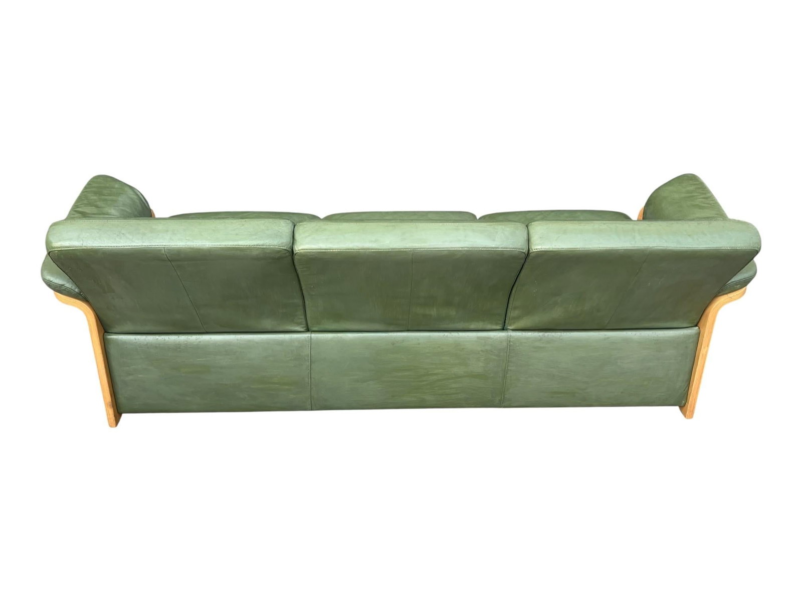 1960s Ekornes Scandinavian Modern Olive Green Leather Sofa With Sculptural Bentwood Frame - 11