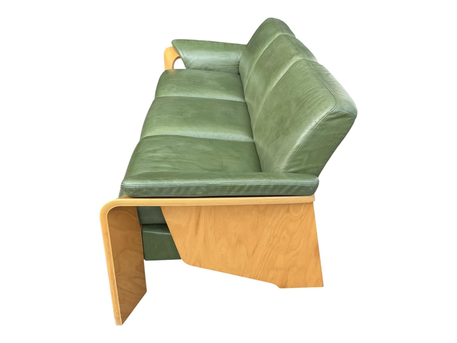 1960s Ekornes Scandinavian Modern Olive Green Leather Sofa With Sculptural Bentwood Frame - 13