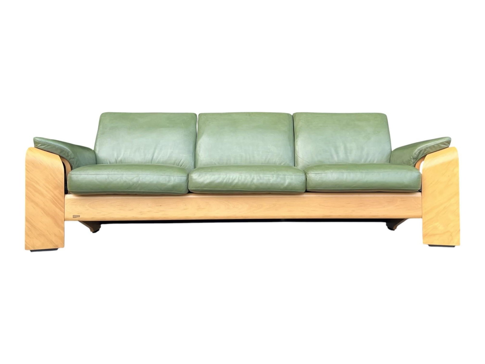 1960s Ekornes Scandinavian Modern Olive Green Leather Sofa With Sculptural Bentwood Frame - 14